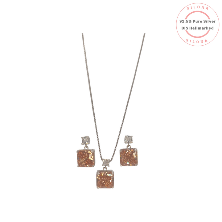 Silona's Elegant Champagne Cubic Zirconia Necklace and Earring Set in 92.5 Pure Silver on a white background.