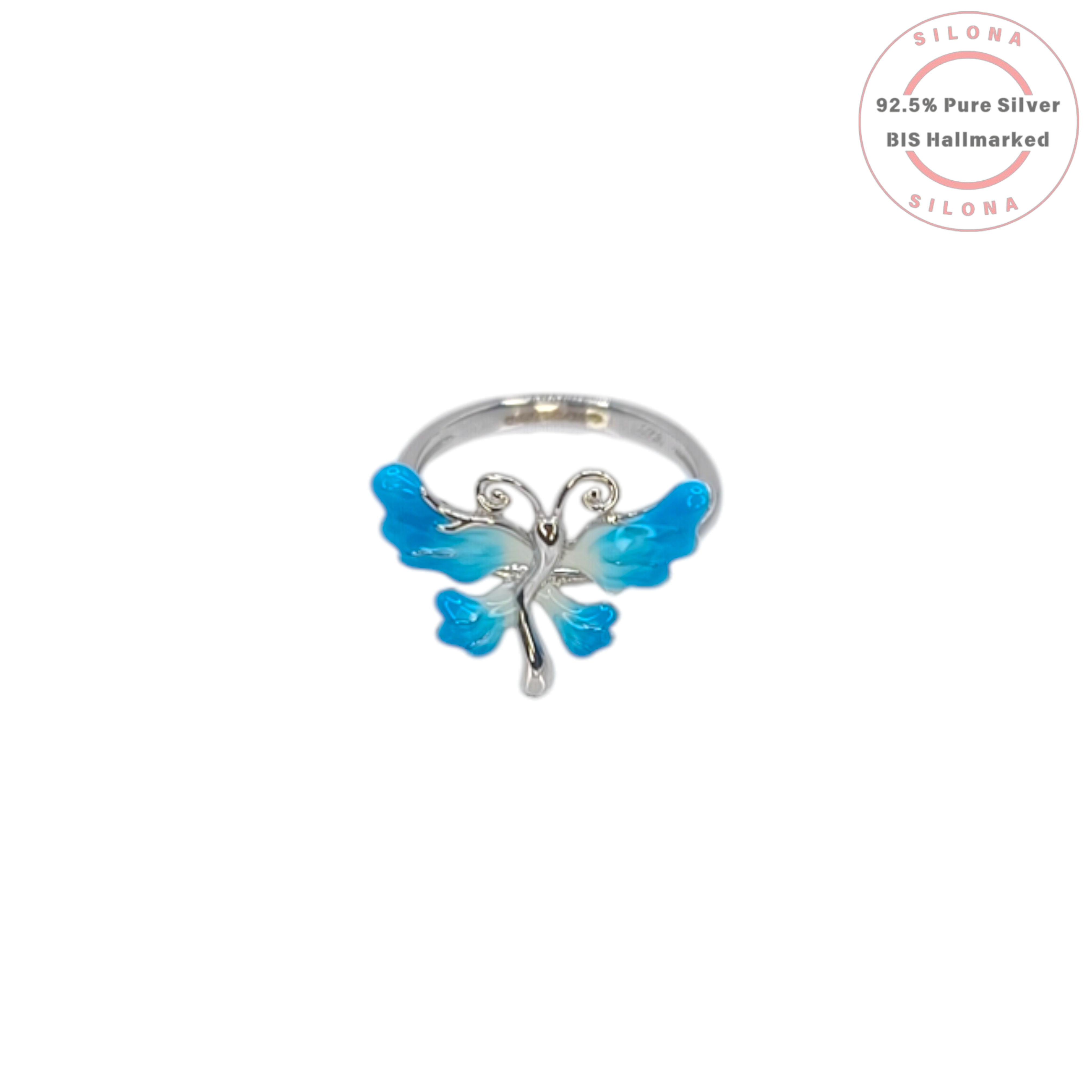 Silona's Ombré Blue Enamel Butterfly Ring in 92.5 Silver on a white background.