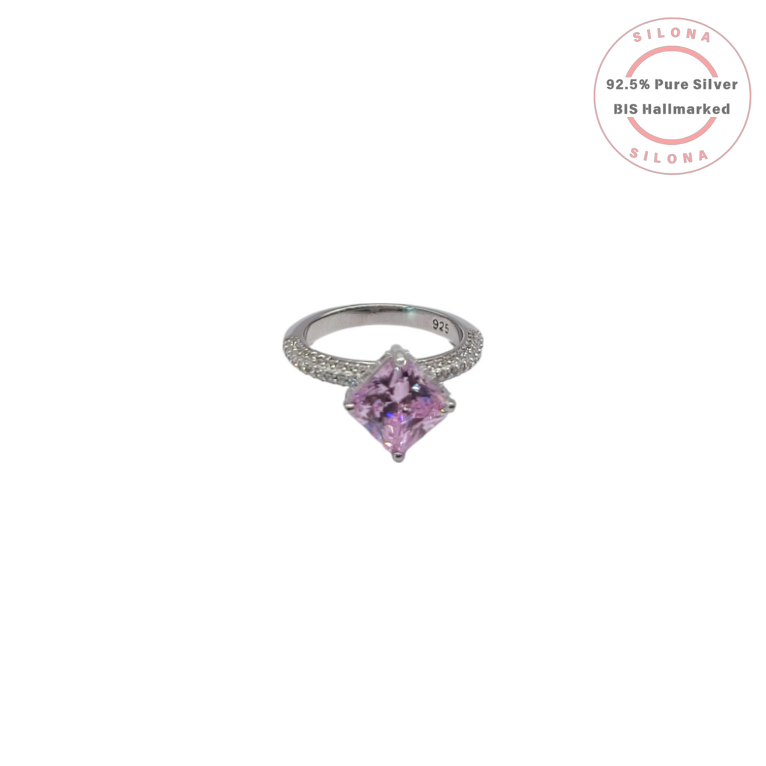 Front view of the Silona Pavé Rosé Cushion Cut Solitaire Ring, showcasing the large pink central stone and the pavé cubic zirconia band, crafted in 92.5 silver.