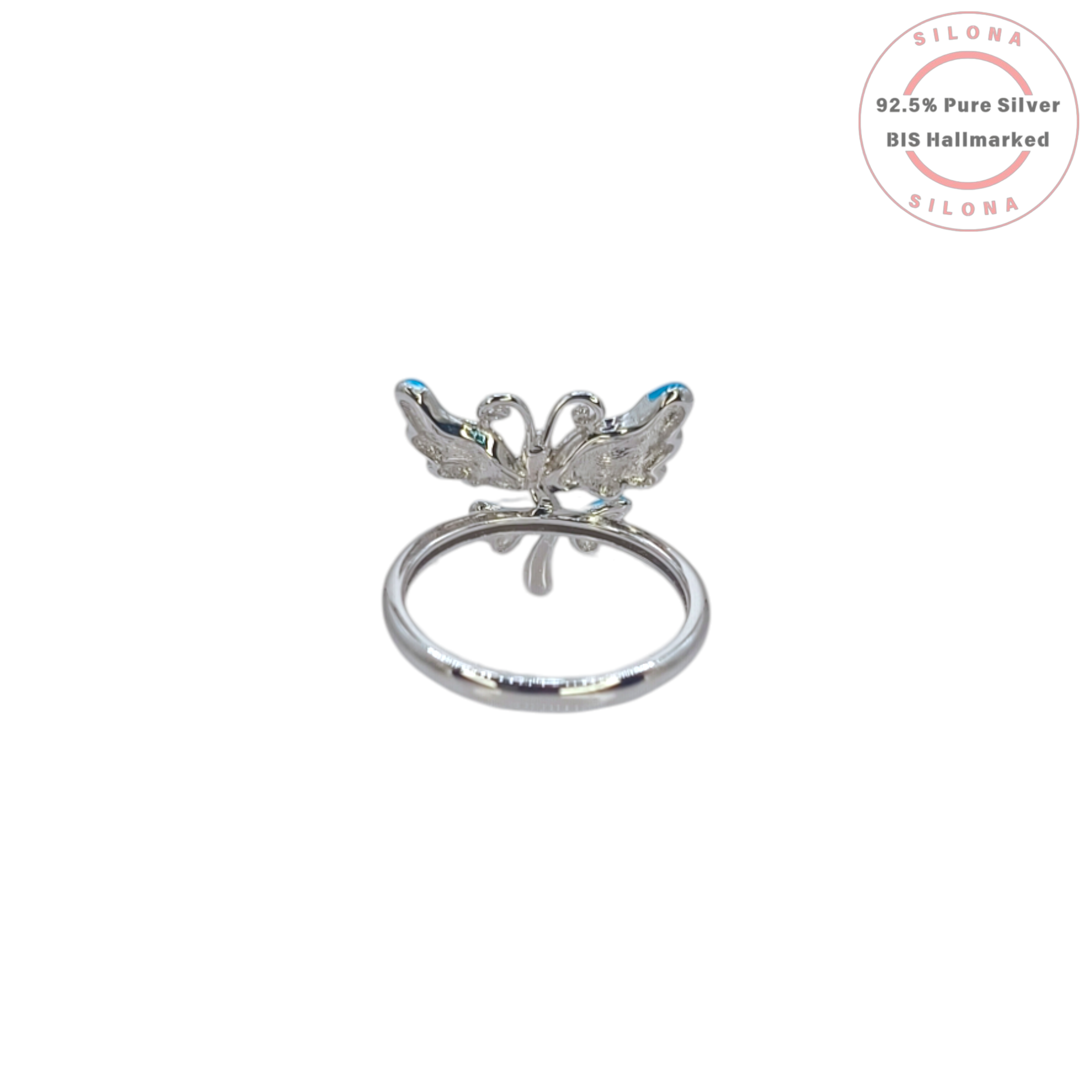 Silona's Ombré Blue Enamel Butterfly Ring in 92.5 Silver on a white background.