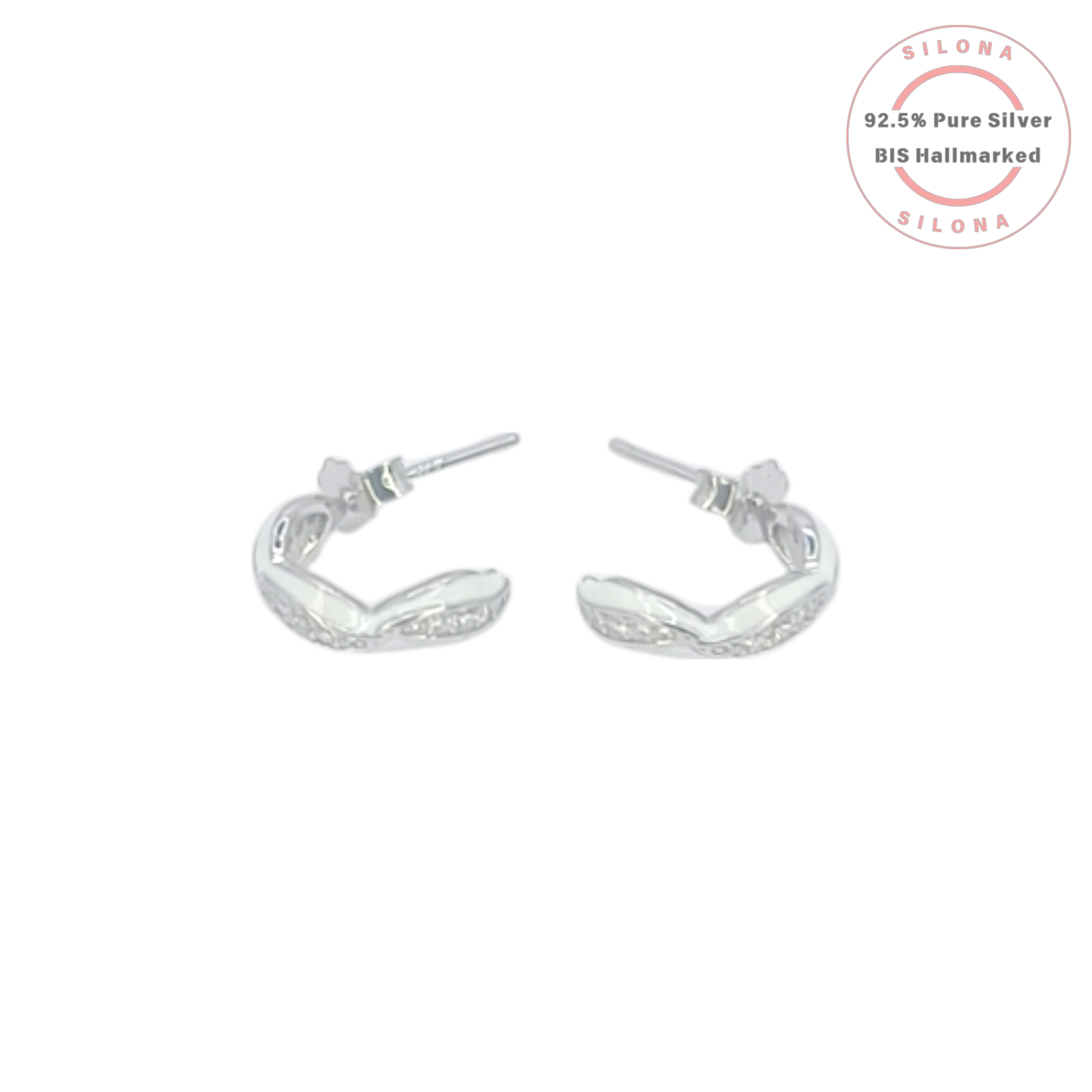 A pair of Silona's chic V-shape huggie earrings in 92.5 sterling silver, featuring a delicate pave setting of cubic zirconia, on a white background.