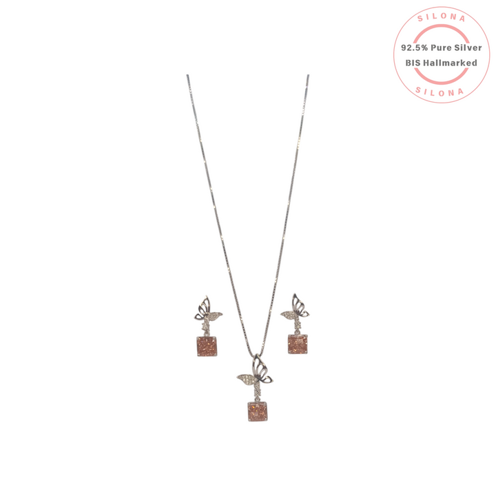 Silona Dainty Butterfly Necklace and Earring Set in 92.5 Silver with champagne-hued rectangular gems and pavé cubic zirconia.