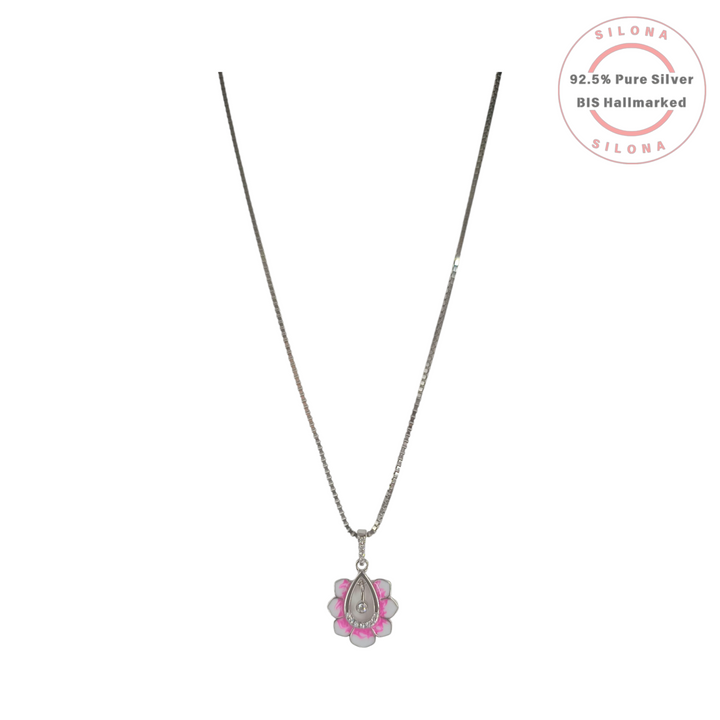 Silona's Pink Enamel Lotus Flower Necklace in 92.5 Silver with a Box Chain and Cubic Zirconia.
