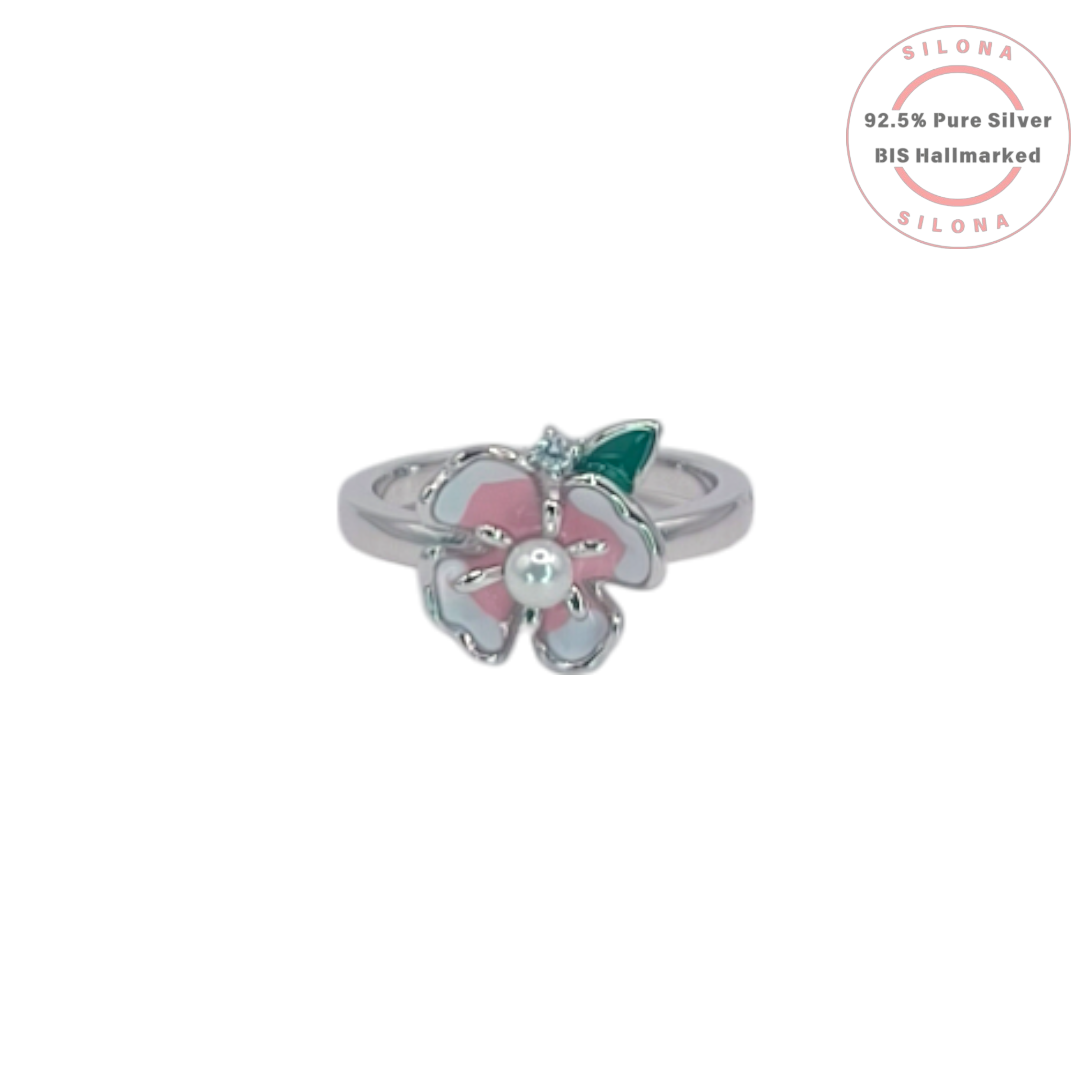Silona Enamel Blossom Ring in 92.5 silver, featuring a pink and white enamel flower with a central pearl and green leaf detail.