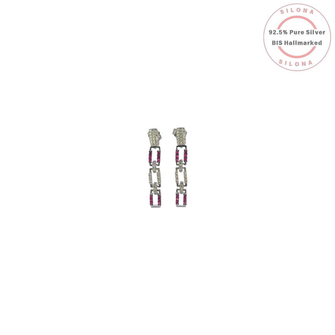 A pair of Silona's modern interlocking link drop earrings in 92.5 silver, featuring pavé-set clear and ruby-hued cubic zirconia stones, on a white background.