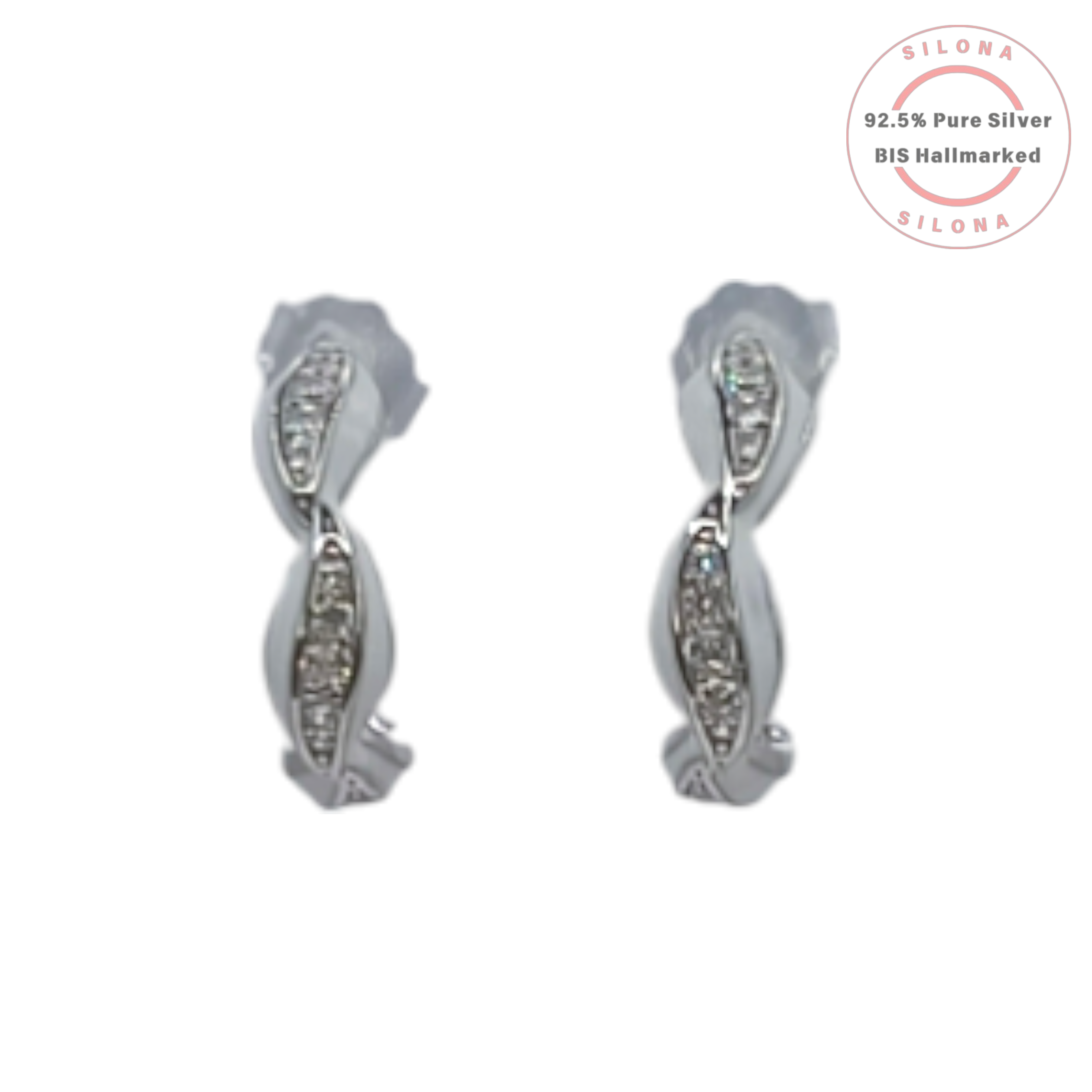 A pair of Silona's chic V-shape huggie earrings in 92.5 sterling silver, featuring a delicate pave setting of cubic zirconia, on a white background.