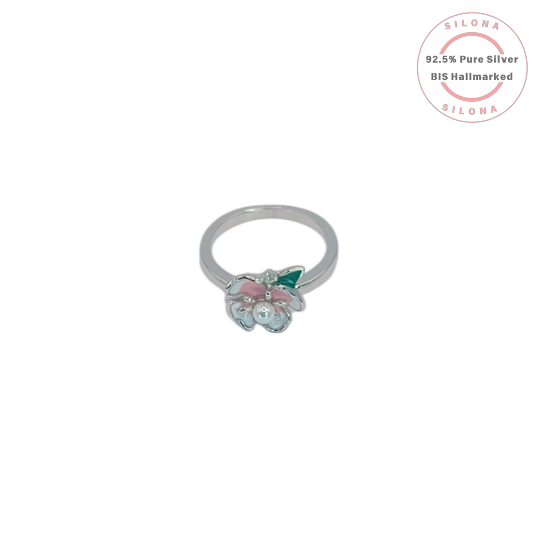 Silona Enamel Blossom Ring in 92.5 silver, featuring a pink and white enamel flower with a central pearl and green leaf detail.