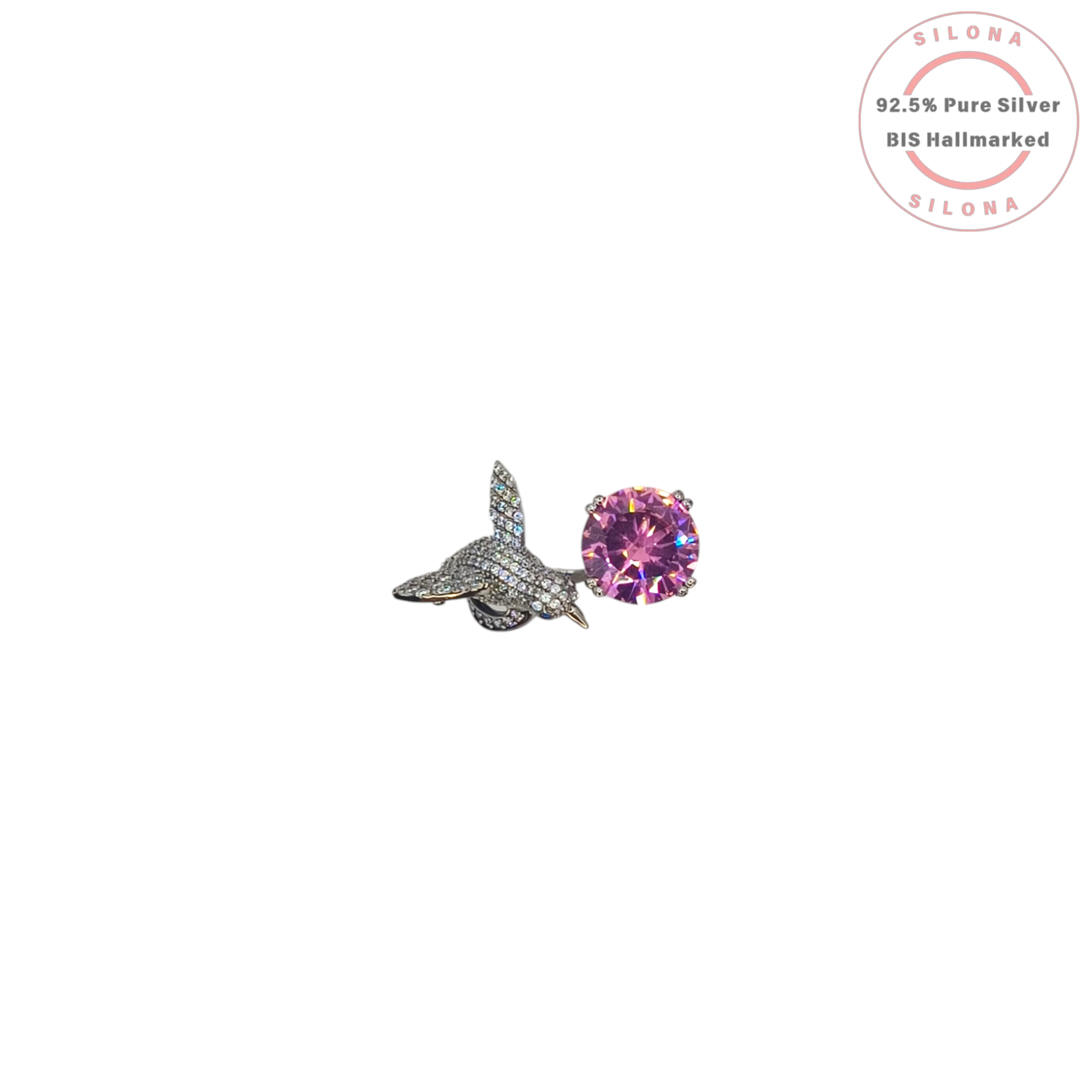 Silona Whimsical Hummingbird Ring in 92.5 Silver, featuring a pavé-set bird motif with a blue eye and a large round pink cubic zirconia stone on an open shank.