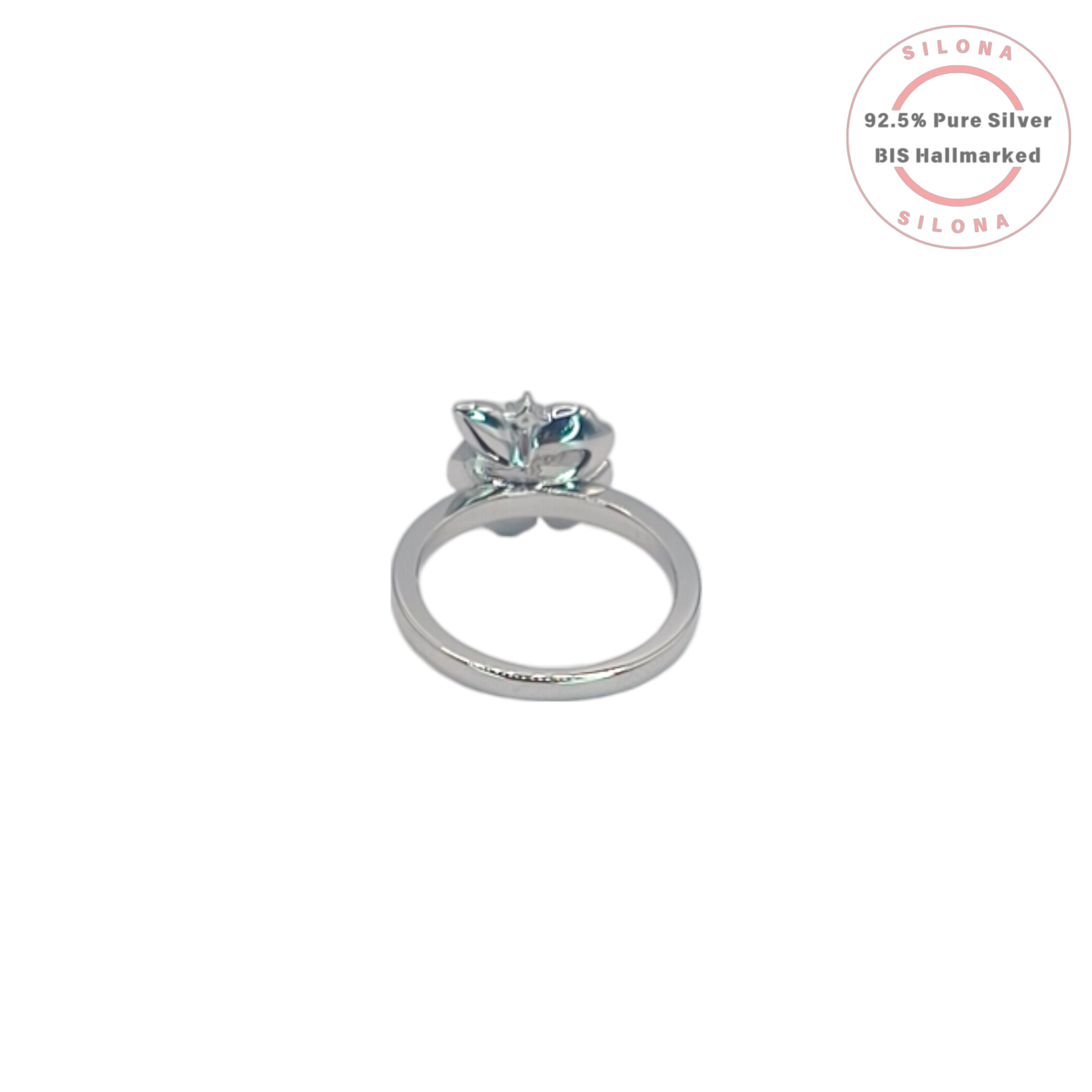 Silona Enamel Blossom Ring in 92.5 silver, featuring a pink and white enamel flower with a central pearl and green leaf detail.