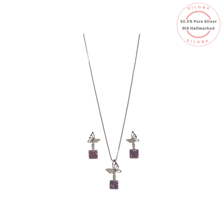Silona's Modern Butterfly Necklace and Earring Set in 92.5 Silver, featuring amethyst-hued square-cut cubic zirconia stones on a white background.