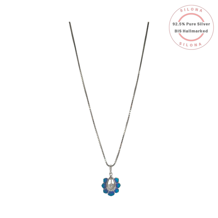 Azure Bloom floral necklace with a mother of pearl and cubic zirconia pendant on a silver box chain, crafted in 92.5 sterling silver.