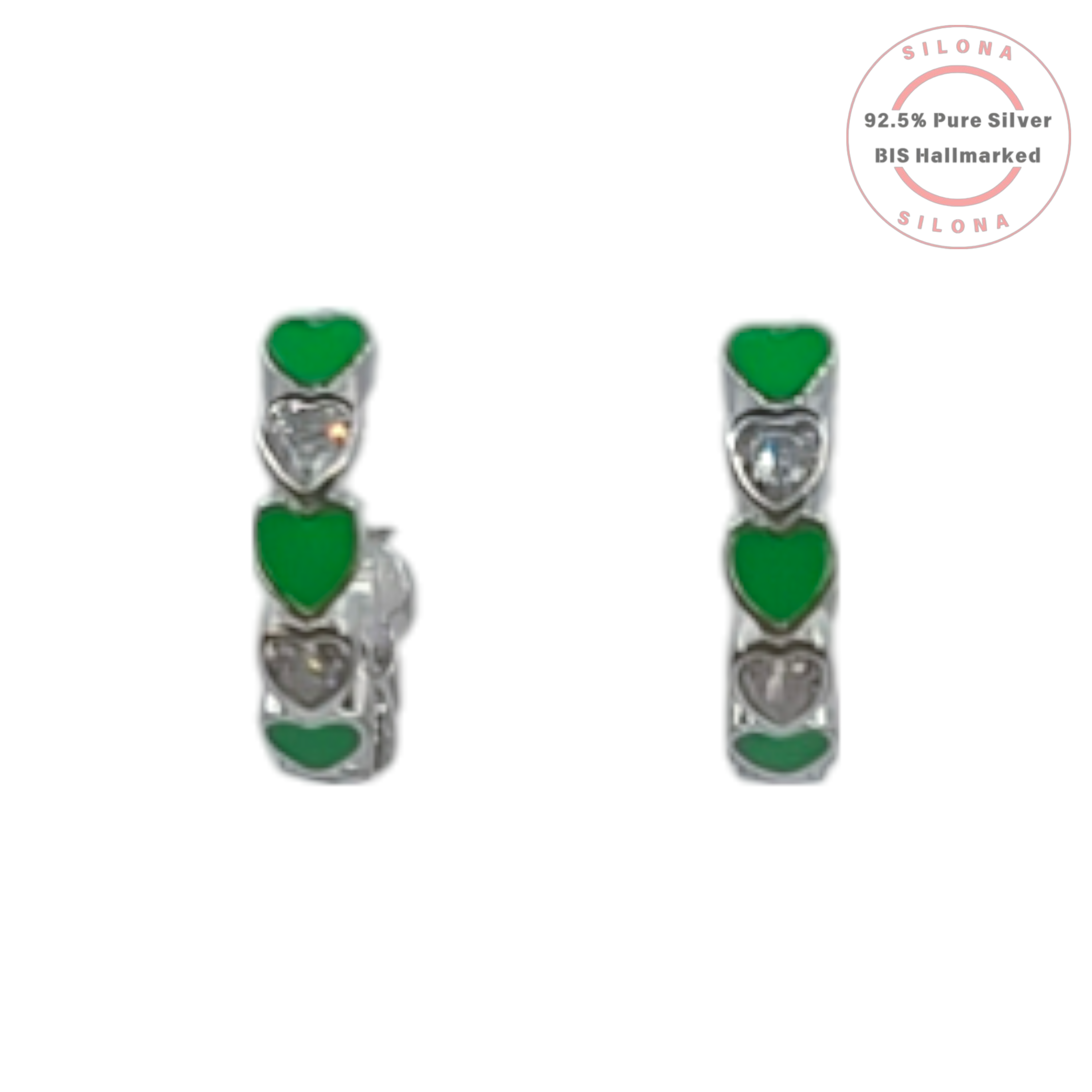 A pair of Silona silver huggie hoop earrings with an alternating pattern of vibrant green enamel hearts and sparkling heart-shaped cubic zirconia stones, shown on a white background.