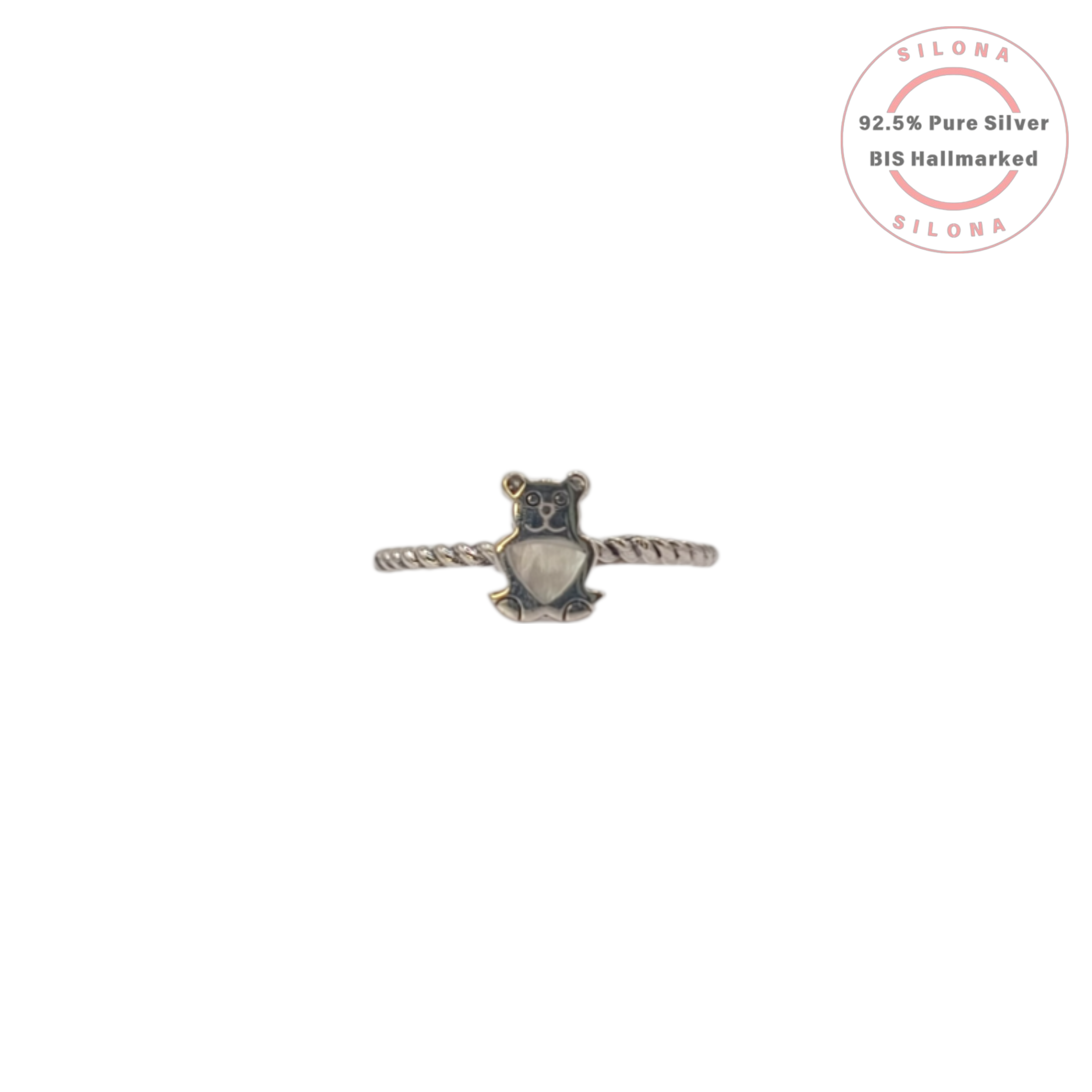 Silona's Whimsical Teddy Bear Twisted Ring in 92.5 sterling silver on a white background.