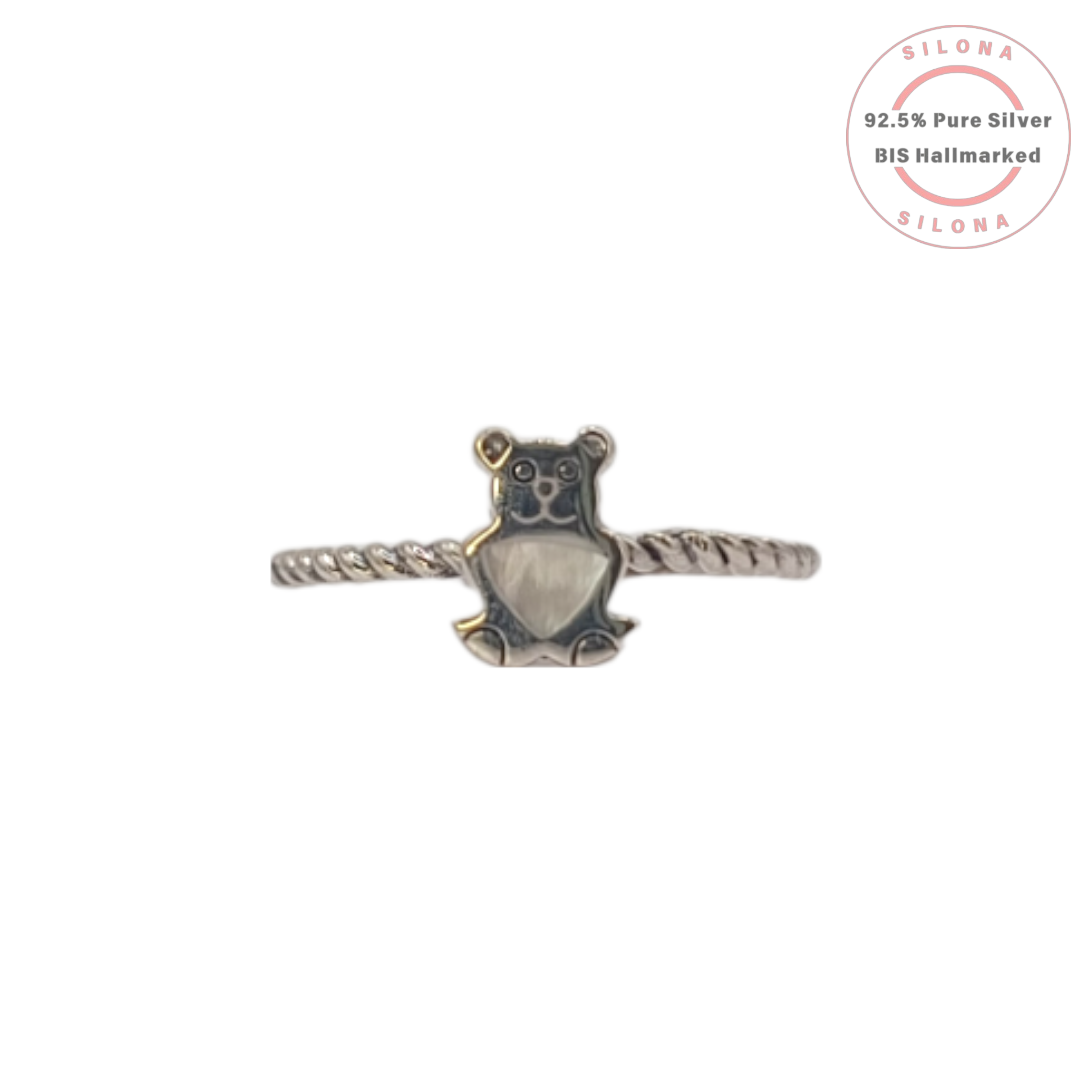 Silona's Whimsical Teddy Bear Twisted Ring in 92.5 sterling silver on a white background.