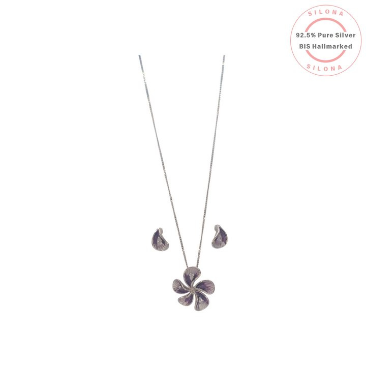 Silona's Plumeria flower necklace and earring set in 92.5 silver with deep purple enamel and a fine silver chain.