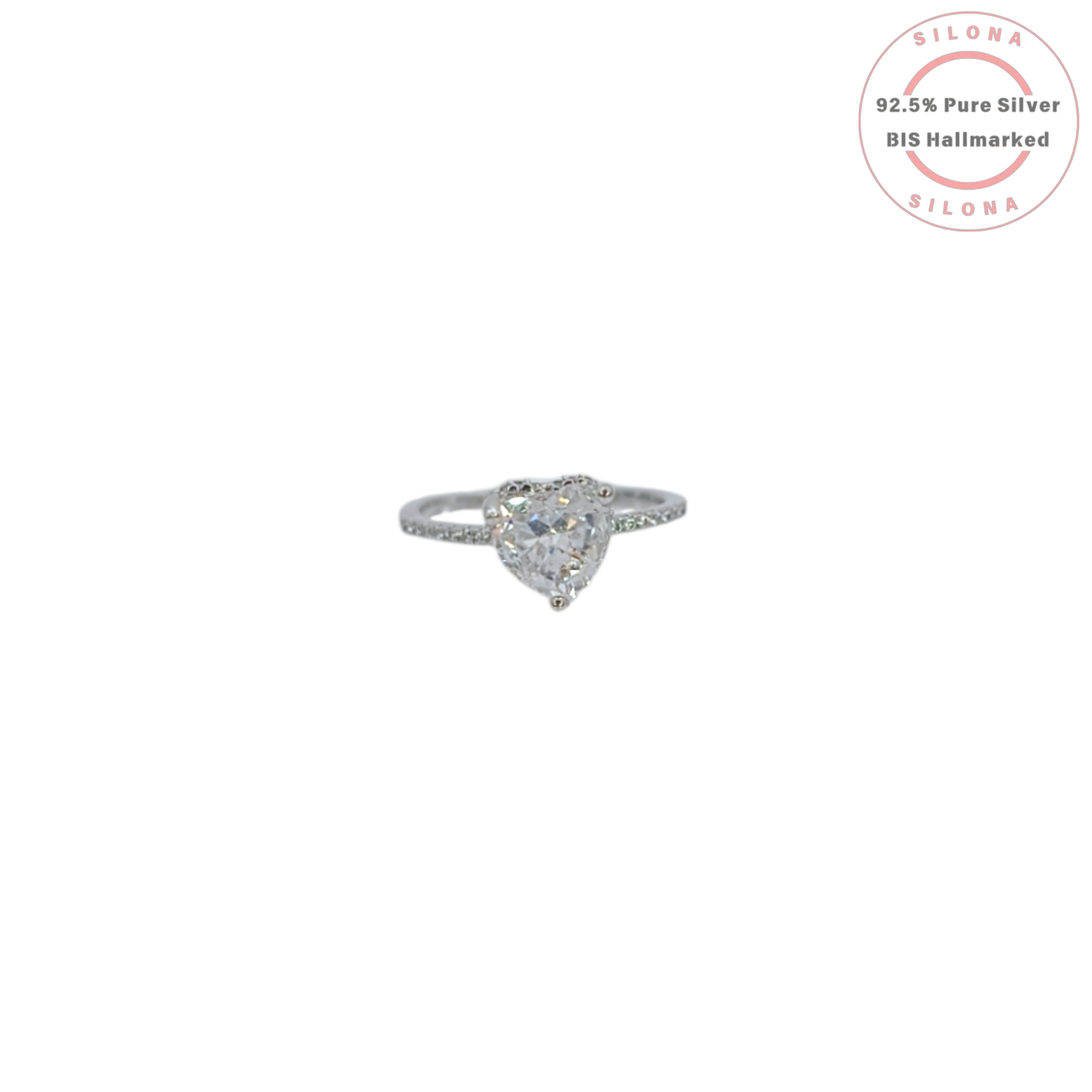 Front view of the Silona Pavé Heart Solitaire Ring, featuring a large heart-shaped cubic zirconia on a pavé silver band, on a white background.