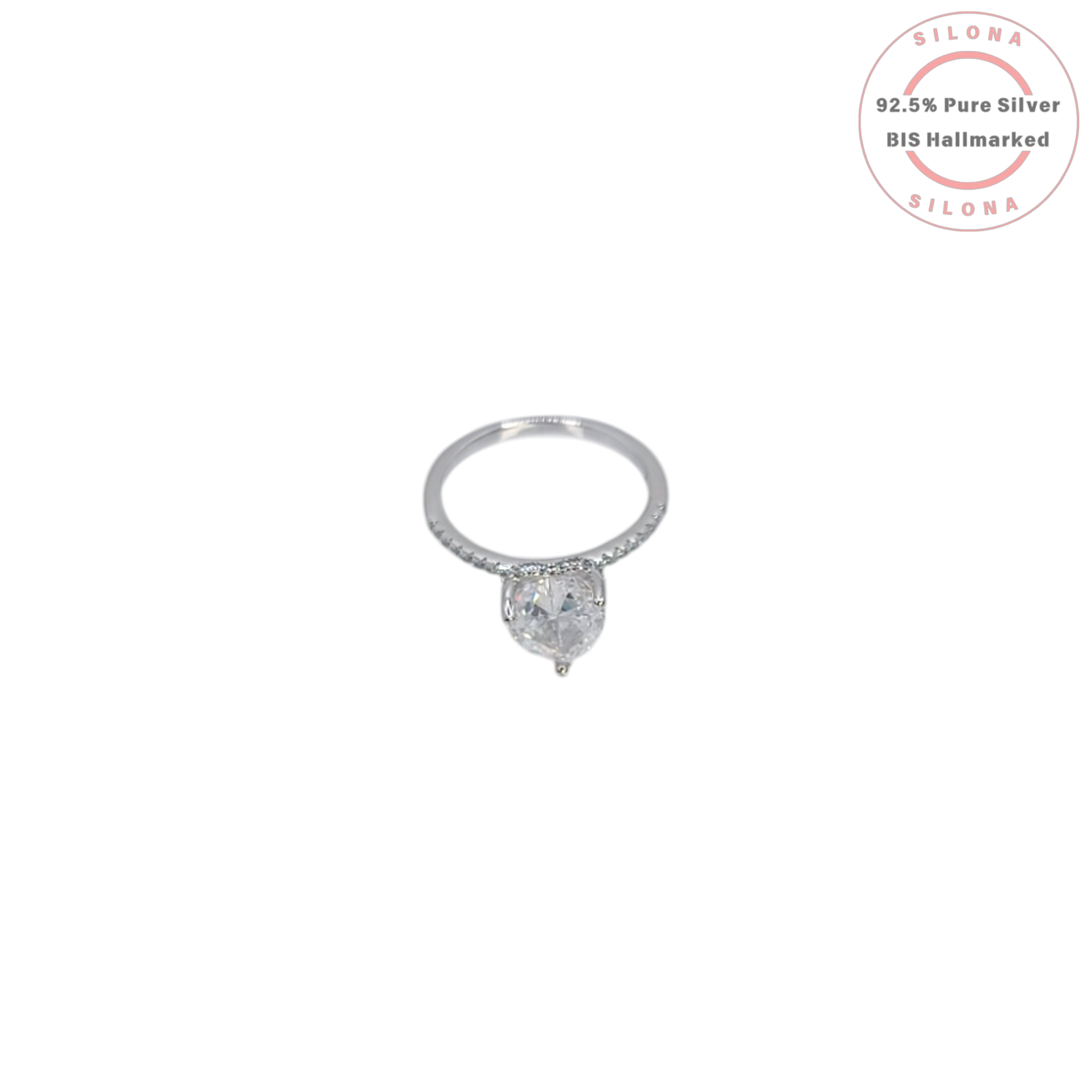Front view of the Silona Pavé Heart Solitaire Ring, featuring a large heart-shaped cubic zirconia on a pavé silver band, on a white background.