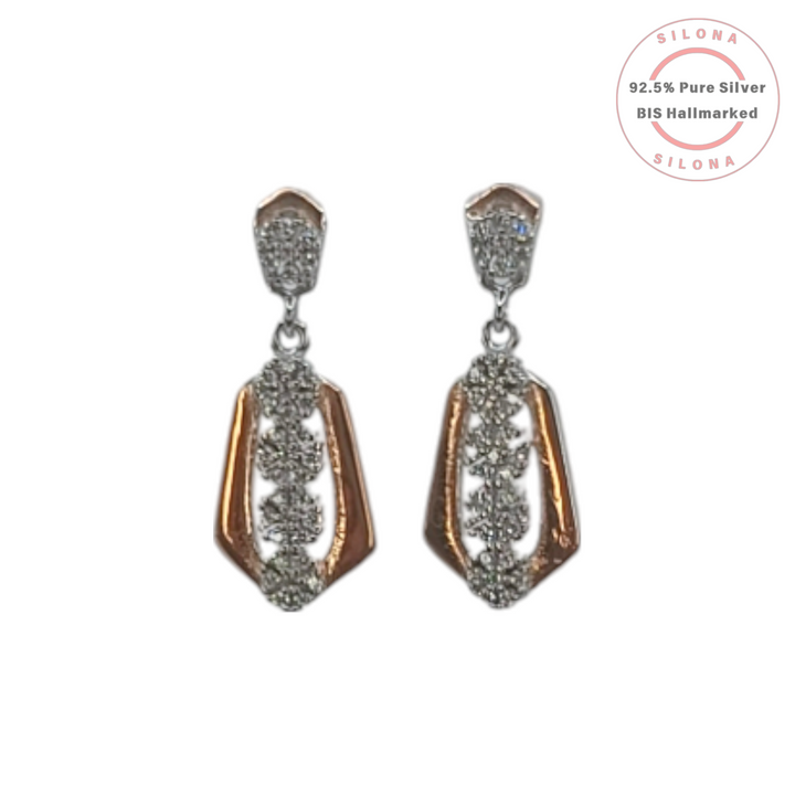 Silona Dual-Tone Geometric Drop Earrings in 92.5 silver with rose gold plating and pave-set cubic zirconia on a white background.