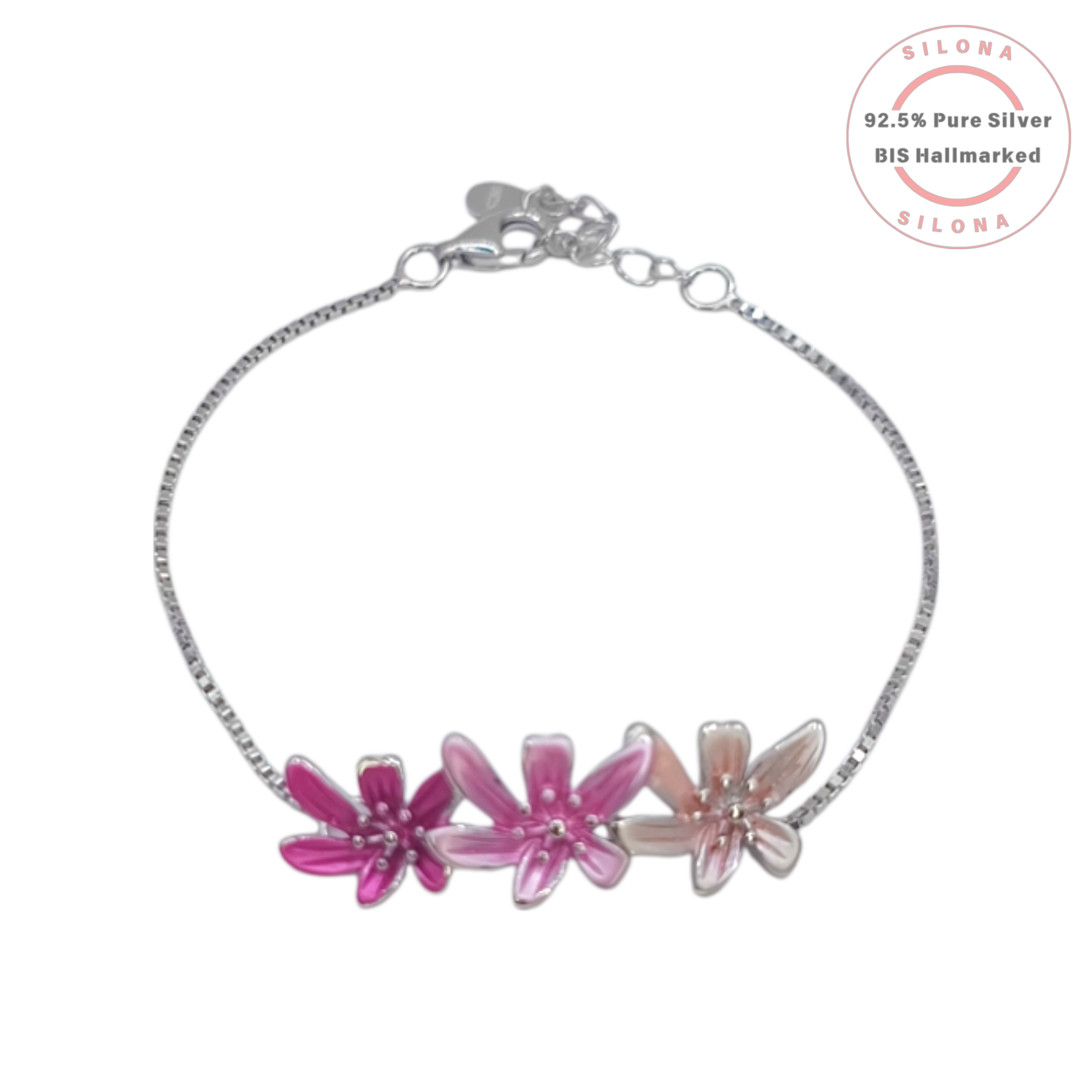 Silona Fuchsia Ombré Blossom Bracelet in pure 92.5 silver, featuring three enamel flowers on a delicate box chain against a white background.