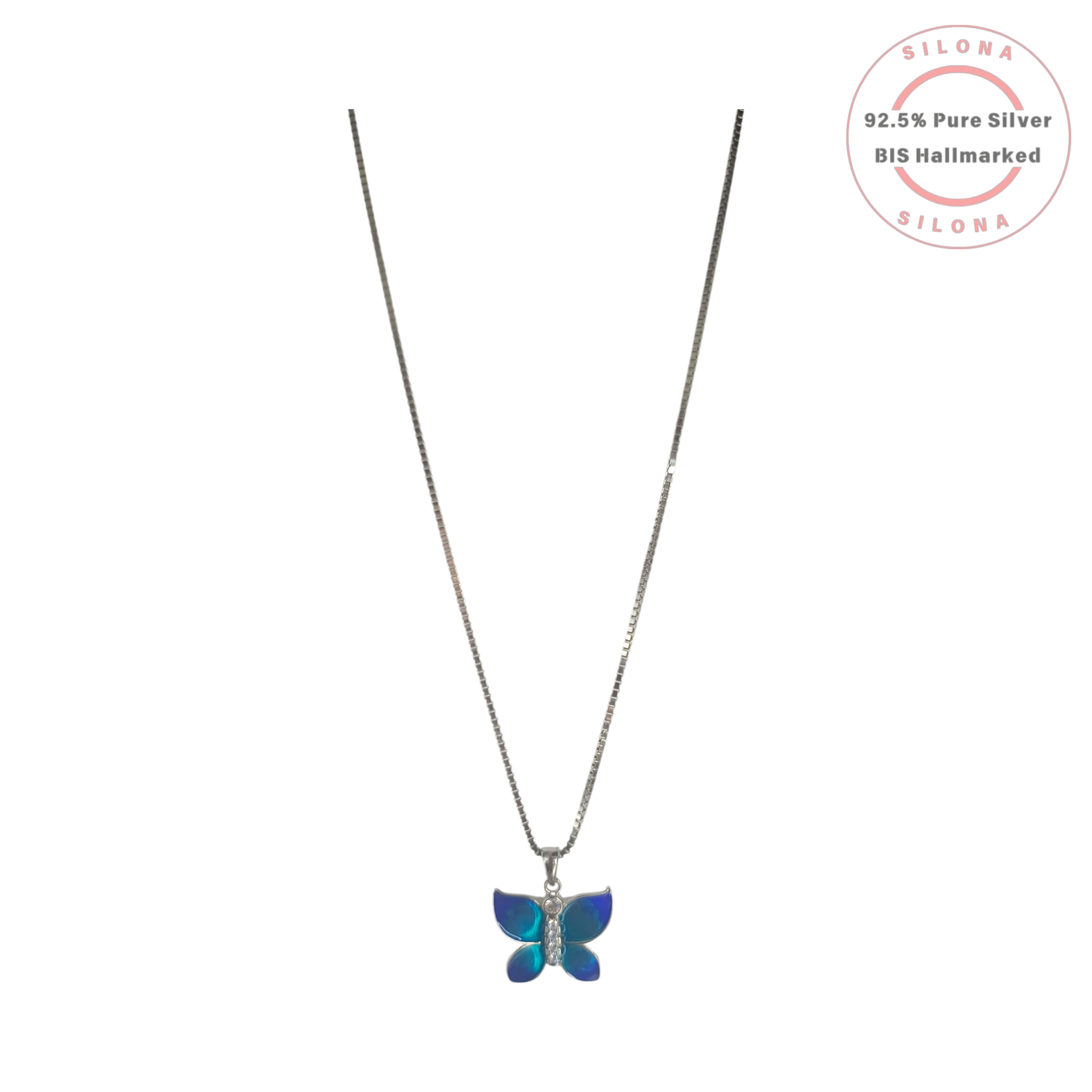 Silona Iridescent Blue Butterfly Necklace with cubic zirconia on a pure 92.5 silver box chain, against a white background.