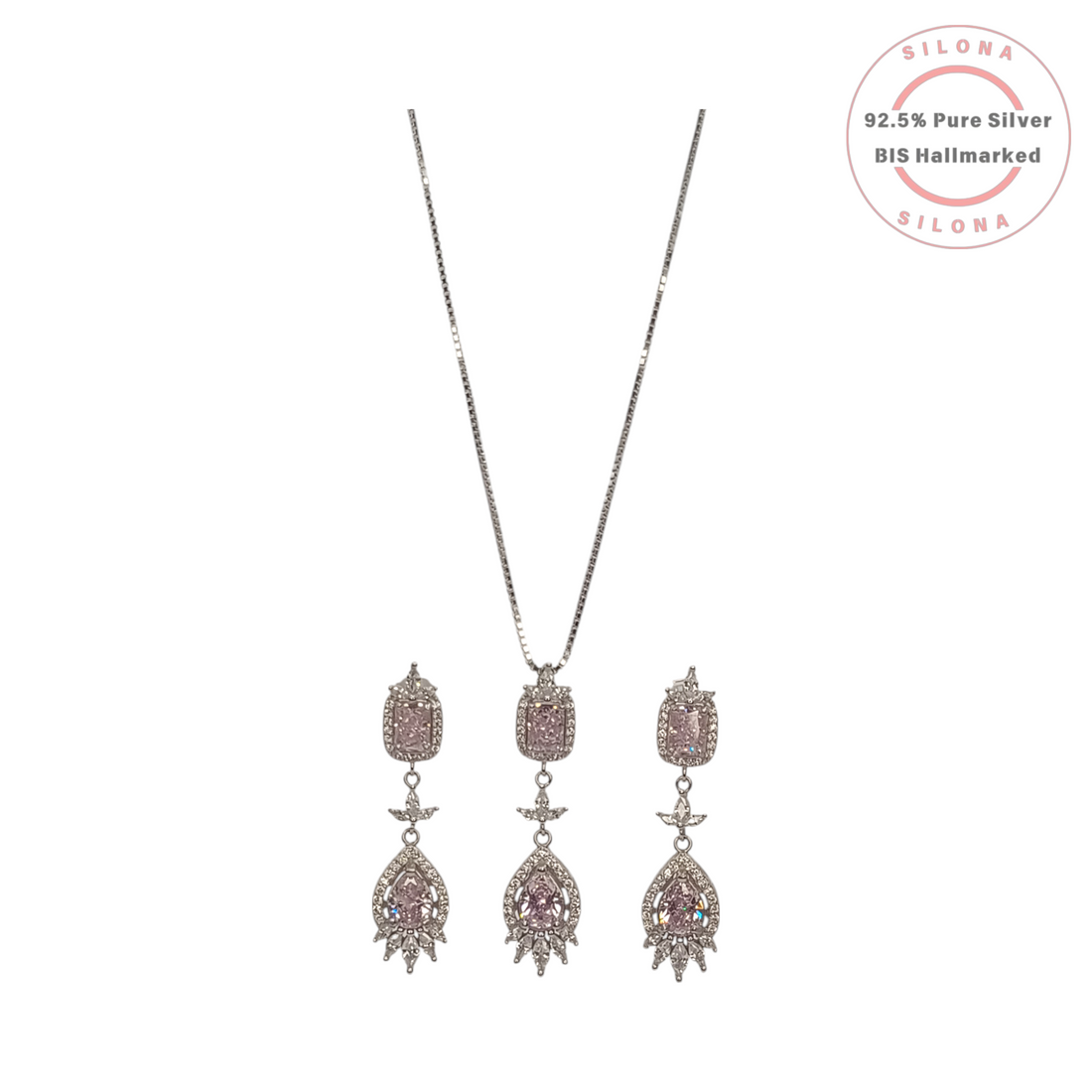 Silona Vintage Blush Pink Cubic Zirconia necklace and matching drop earrings set in 92.5 sterling silver, on a white background.
