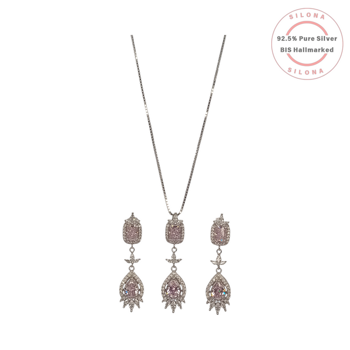 Silona Vintage Blush Pink Cubic Zirconia necklace and matching drop earrings set in 92.5 sterling silver, on a white background.