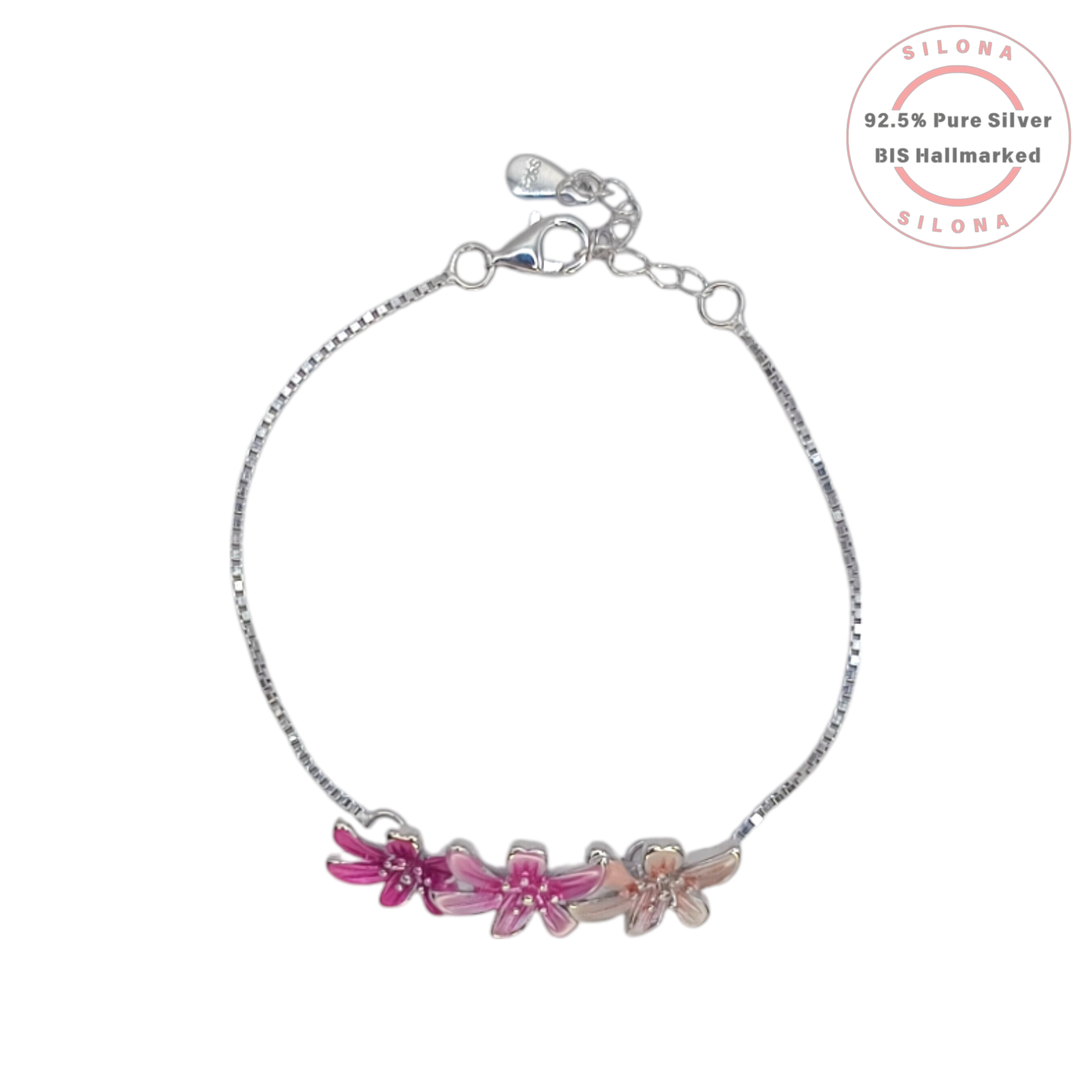 Silona Fuchsia Ombré Blossom Bracelet in pure 92.5 silver, featuring three enamel flowers on a delicate box chain against a white background.