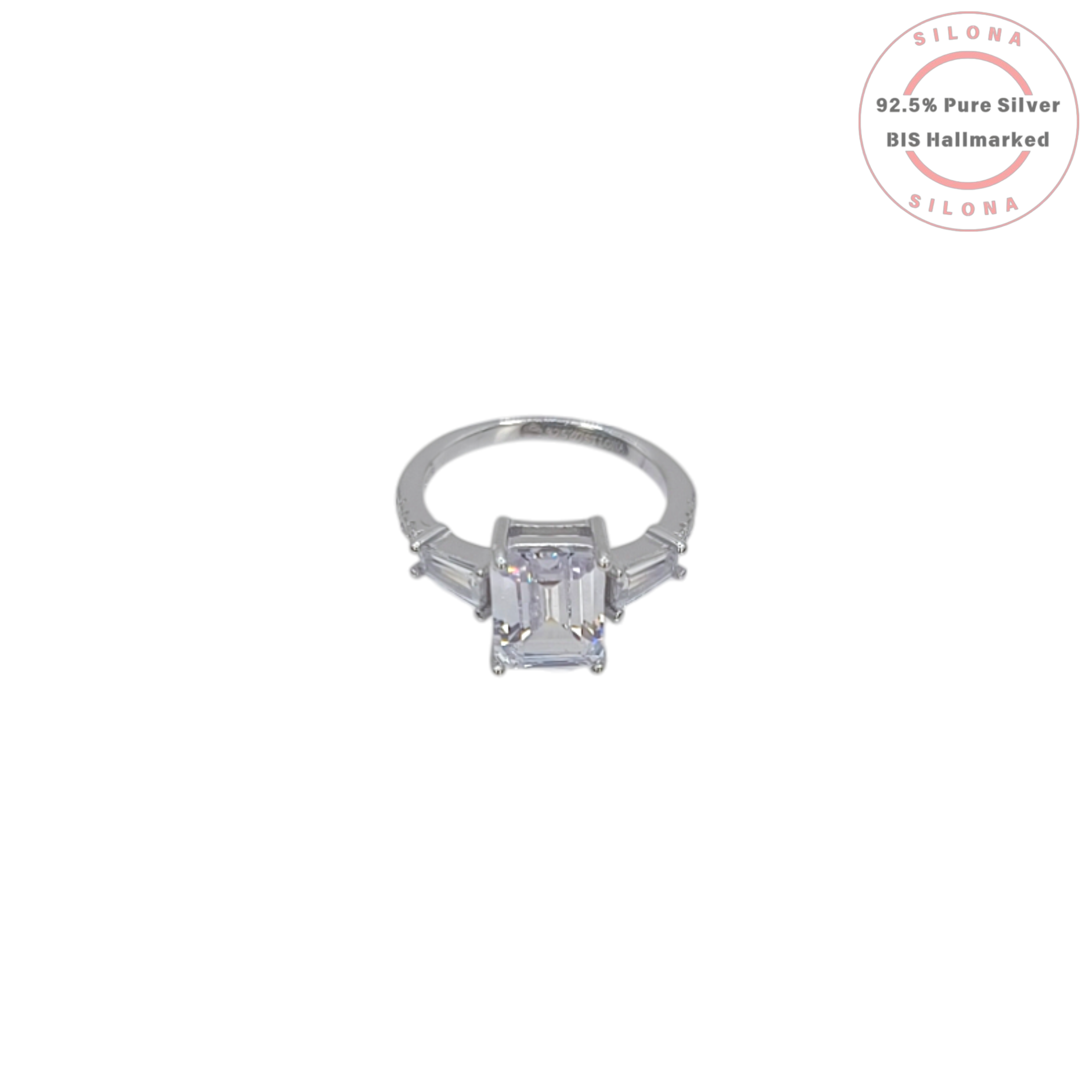 Front view of a statement emerald-cut and baguette cubic zirconia ring, crafted in sterling silver, on a white background.