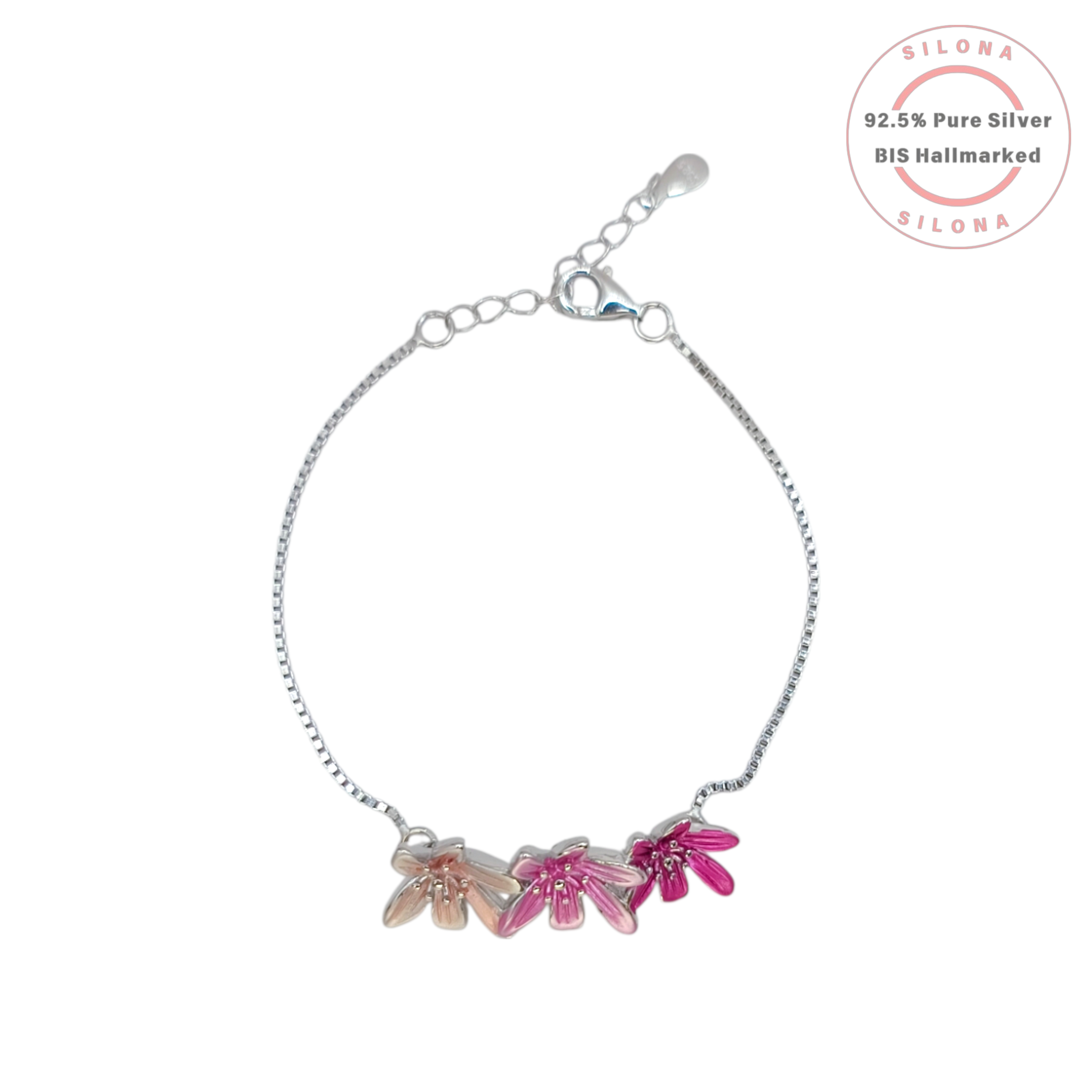 Silona Fuchsia Ombré Blossom Bracelet in pure 92.5 silver, featuring three enamel flowers on a delicate box chain against a white background.
