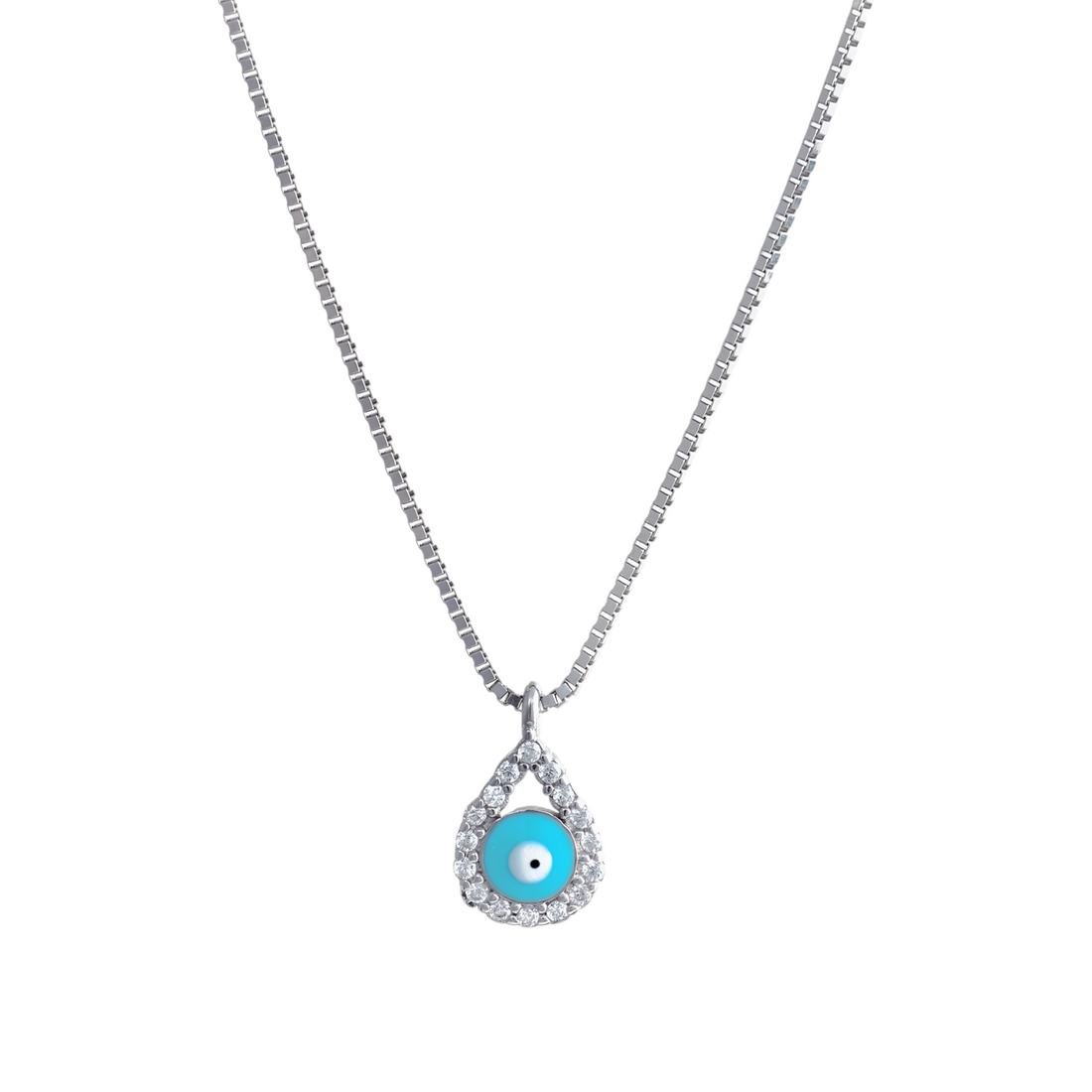 Silver box chain necklace with a teardrop-shaped cz crystal frame holding a light blue evil eye motif in the center.