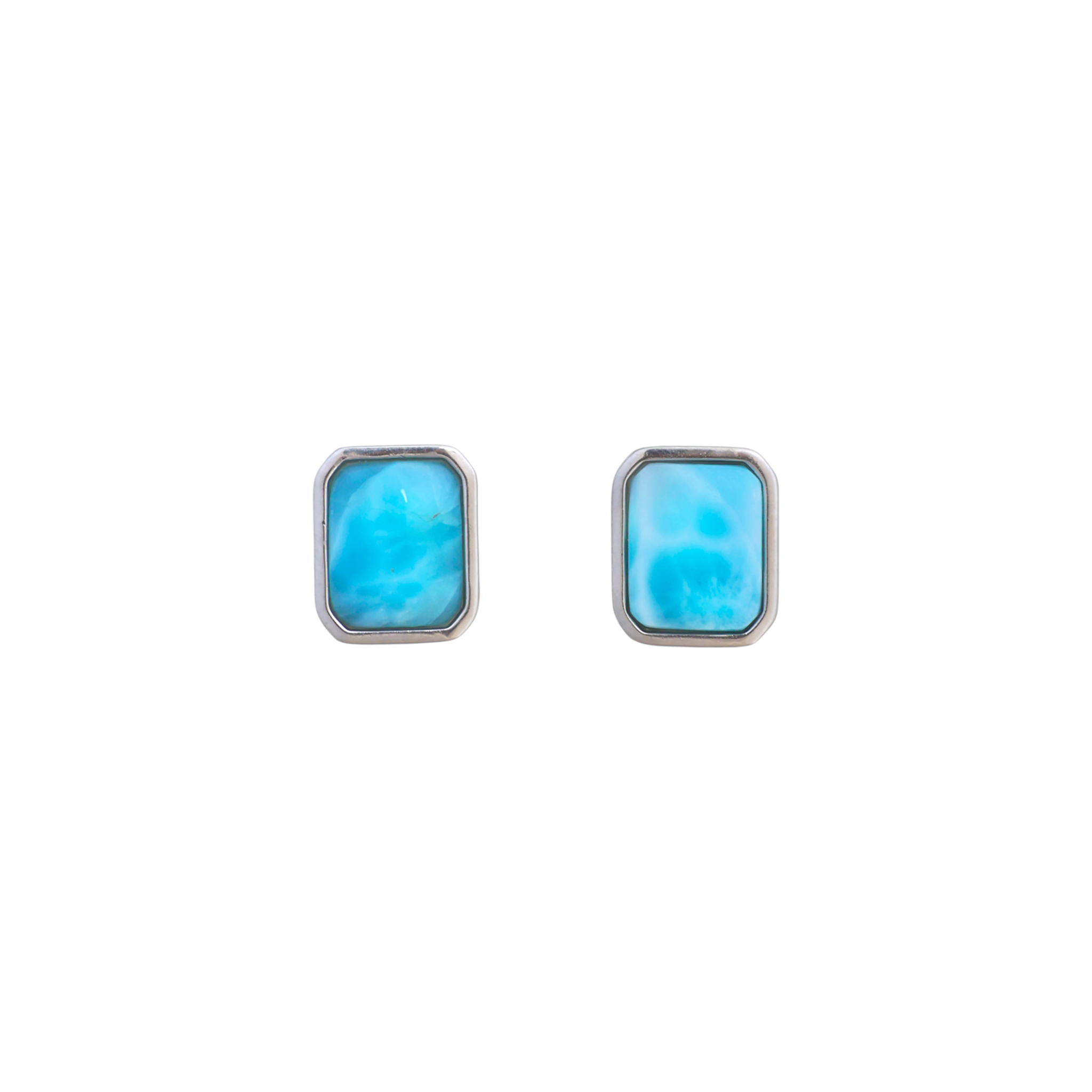 A silver box chain necklace featuring a rectangular ocean-blue Larimar cabochon pendant set in a sleek silver bezel frame.