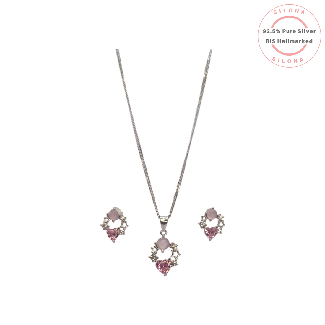Silona celestial-themed necklace and matching stud earrings in 92.5 silver, featuring pink heart-shaped crystals, pale pink cabochons, and star motifs on a white background.