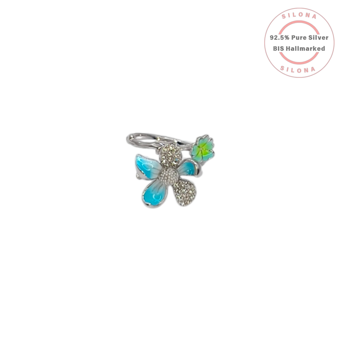 Side profile of the Silona Enchanted Orchid Bloom Silver Ring, showing the detailed floral motif and vine-like adjustable band.