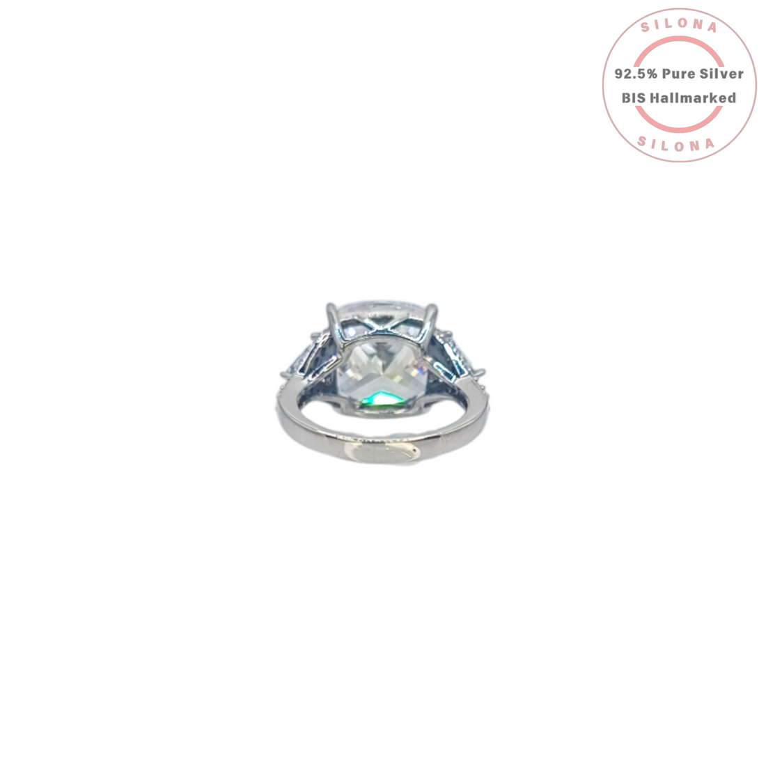 Silona's Classic Cushion Cut Trilogy Ring featuring a large central cubic zirconia stone flanked by two trilliant-cut stones, set in 92.5 hallmarked silver.