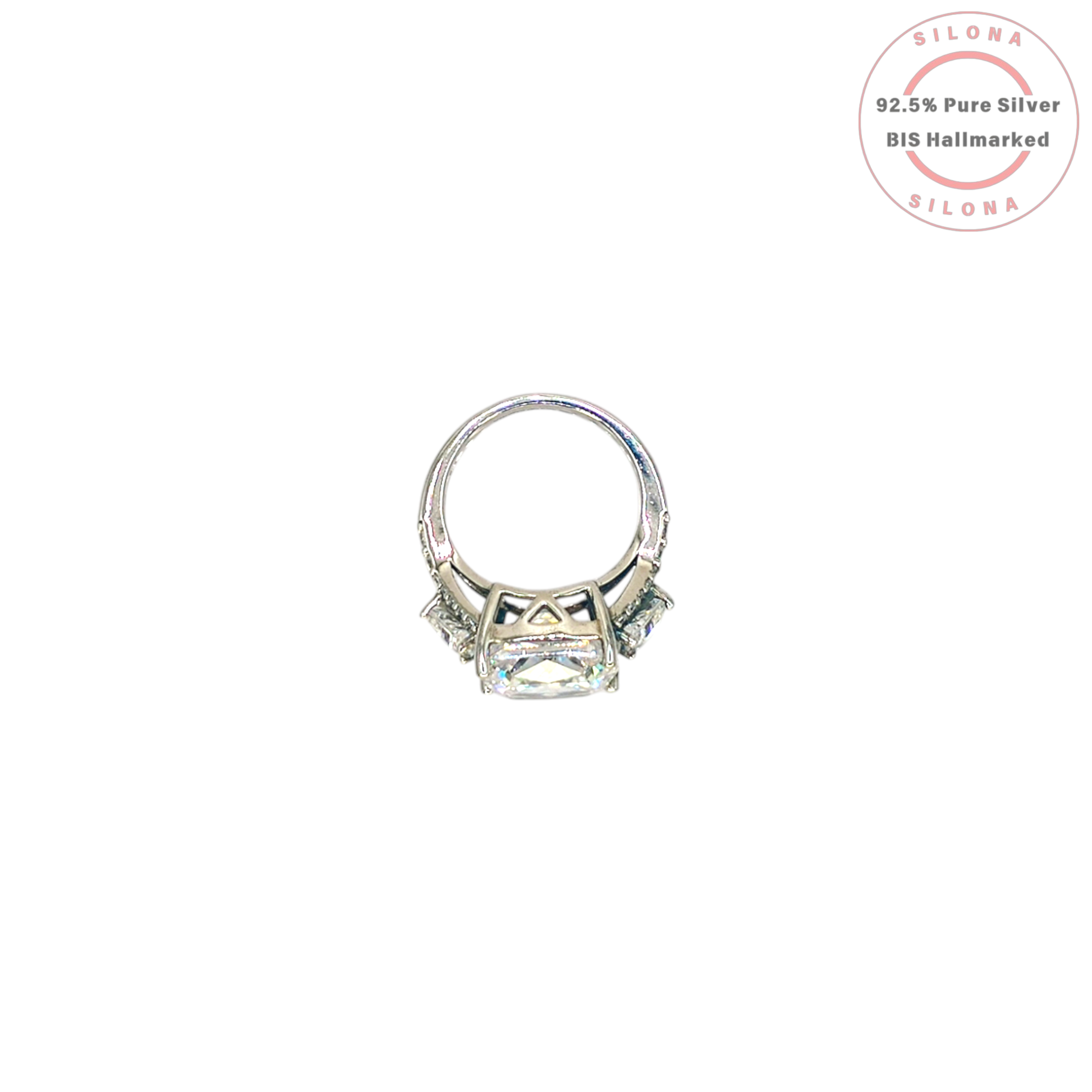 Silona's Classic Cushion Cut Trilogy Ring featuring a large central cubic zirconia stone flanked by two trilliant-cut stones, set in 92.5 hallmarked silver.