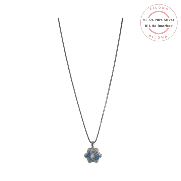 Silona Azure Bloom Necklace featuring a pavé-set blue and white cubic zirconia flower pendant on a 92.5 sterling silver box chain.
