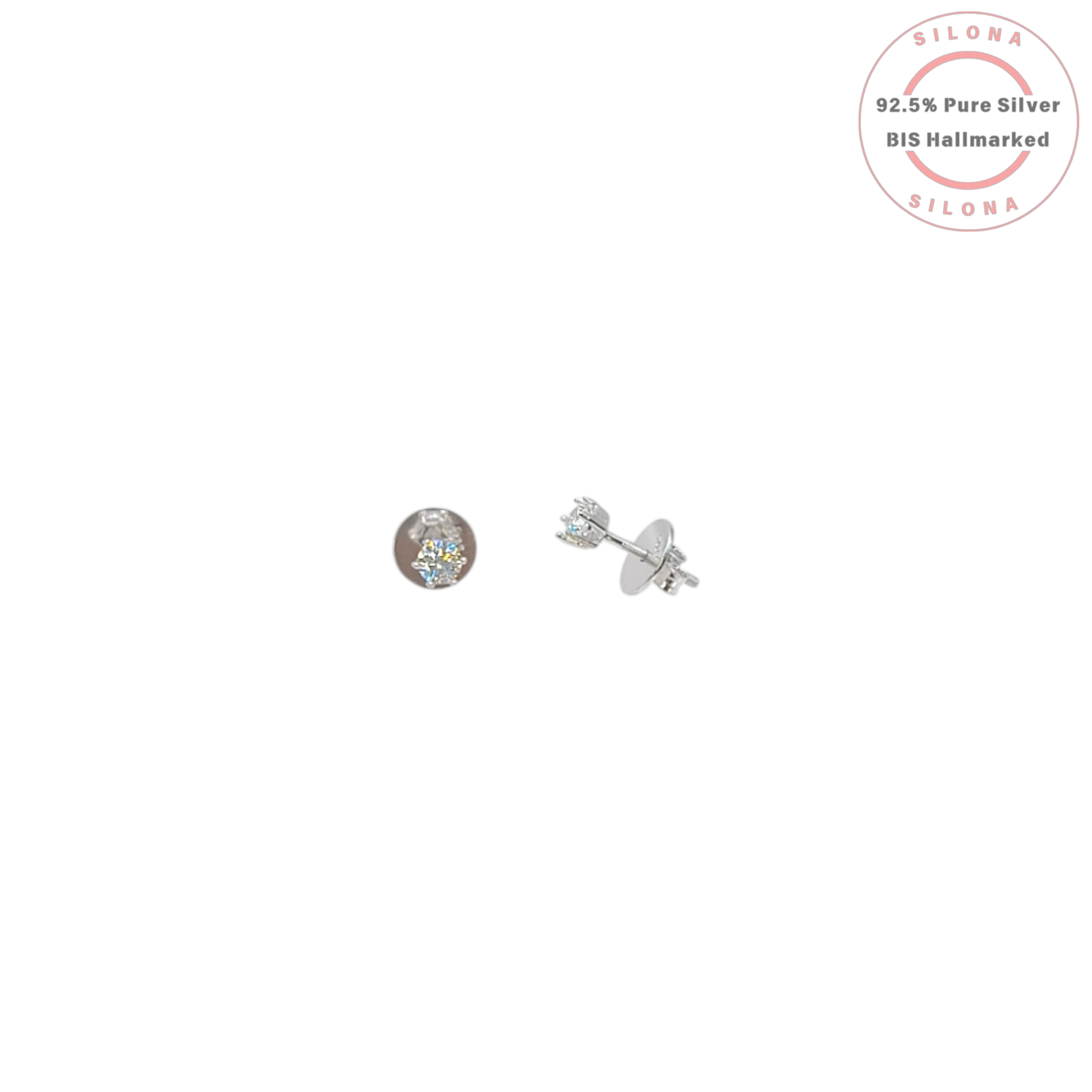 A pair of classic solitaire stud earrings in 92.5 silver with a brilliant-cut cubic zirconia stone, shown with a secure screw-back.