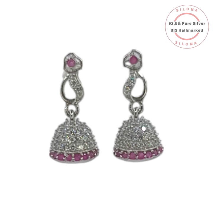 A pair of Silona modern jhumka drop earrings in 92.5 silver, featuring pavé-set clear cubic zirconia and a row of ruby-hued stones.