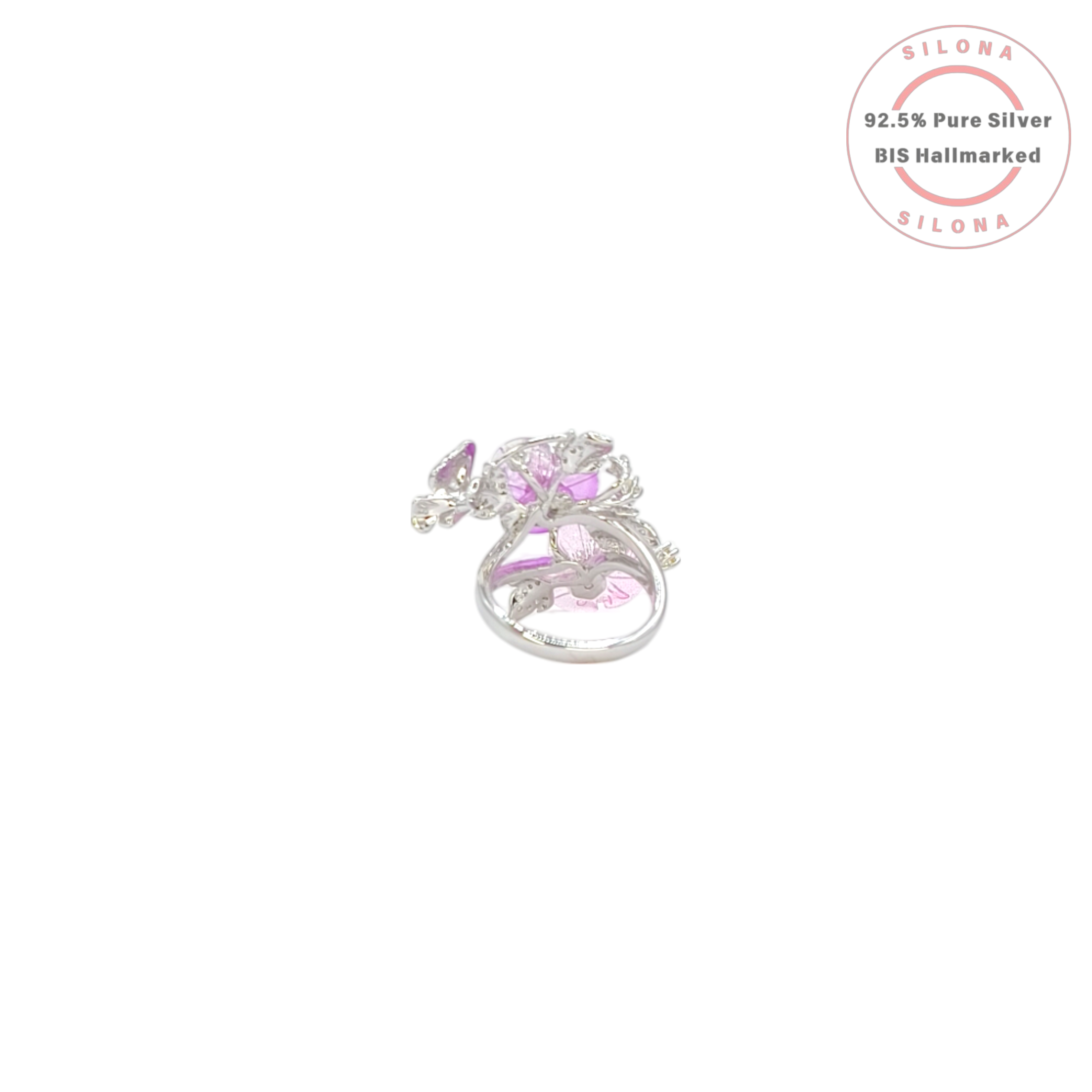 Side profile of a whimsical butterfly statement ring crafted in 92.5 silver, featuring amethyst-hued faceted stones as wings.