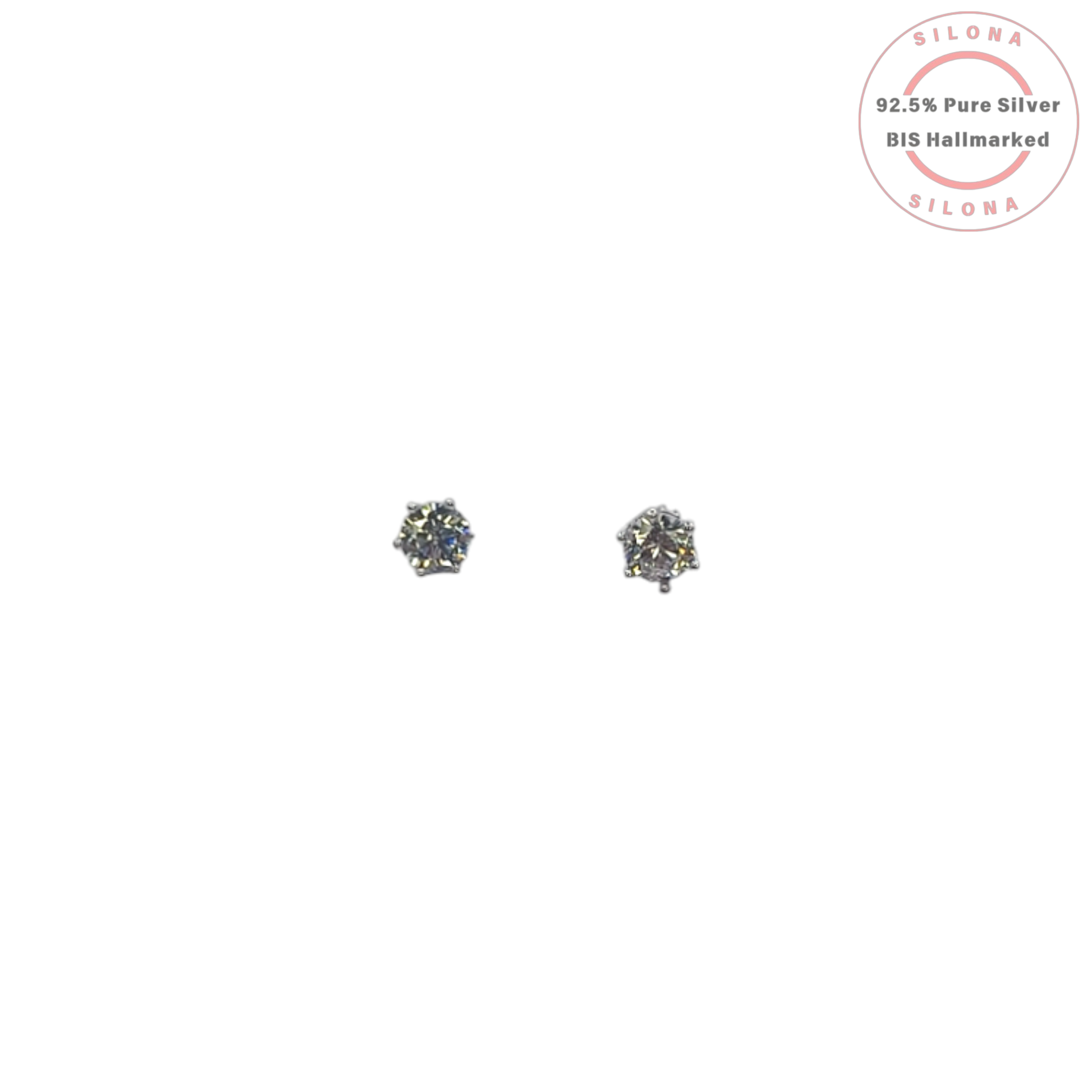 A pair of classic solitaire stud earrings in 92.5 silver with a brilliant-cut cubic zirconia stone, shown with a secure screw-back.