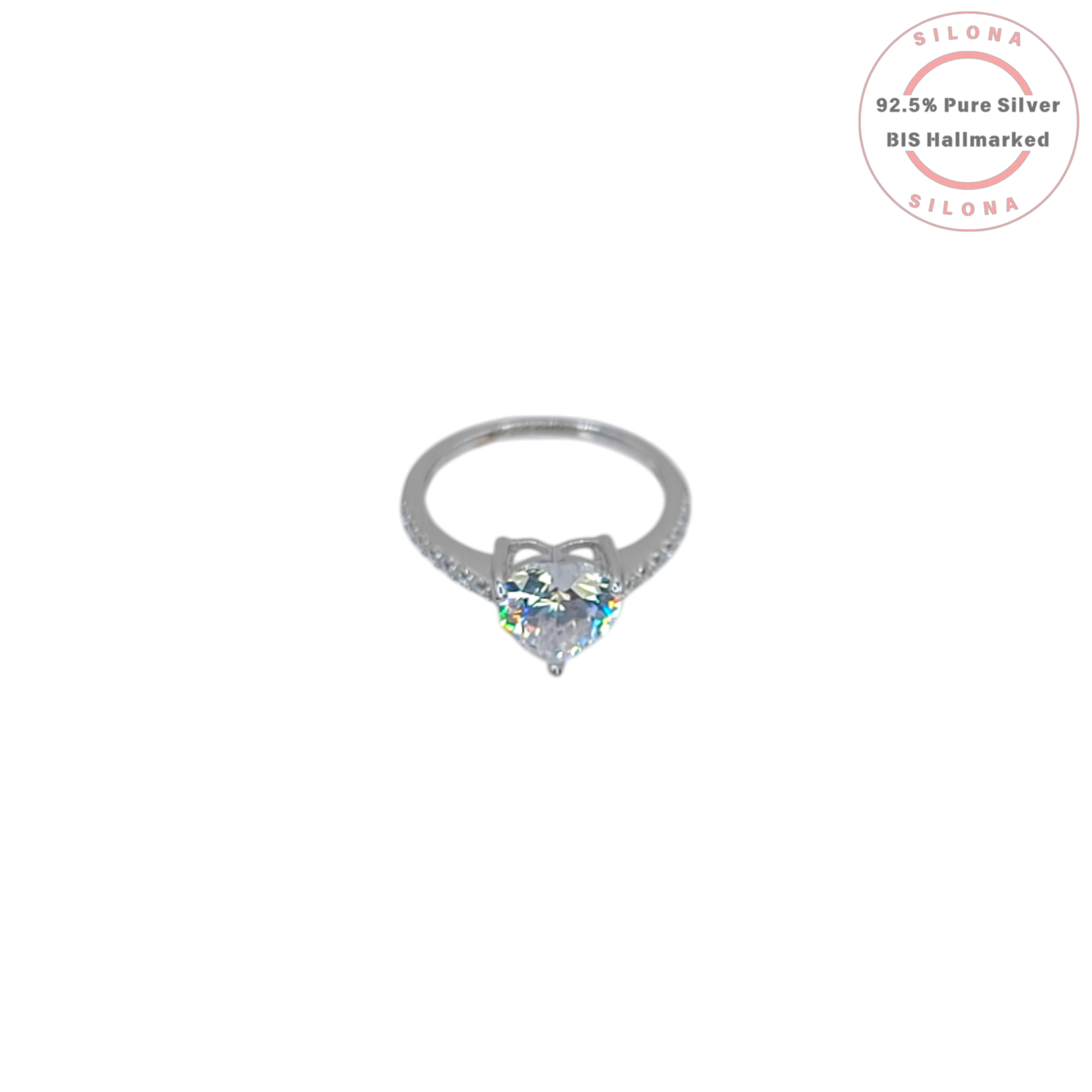 A solitaire heart-cut cubic zirconia ring with a delicate pavé band, crafted in 92.5 sterling silver, photographed on a white background.