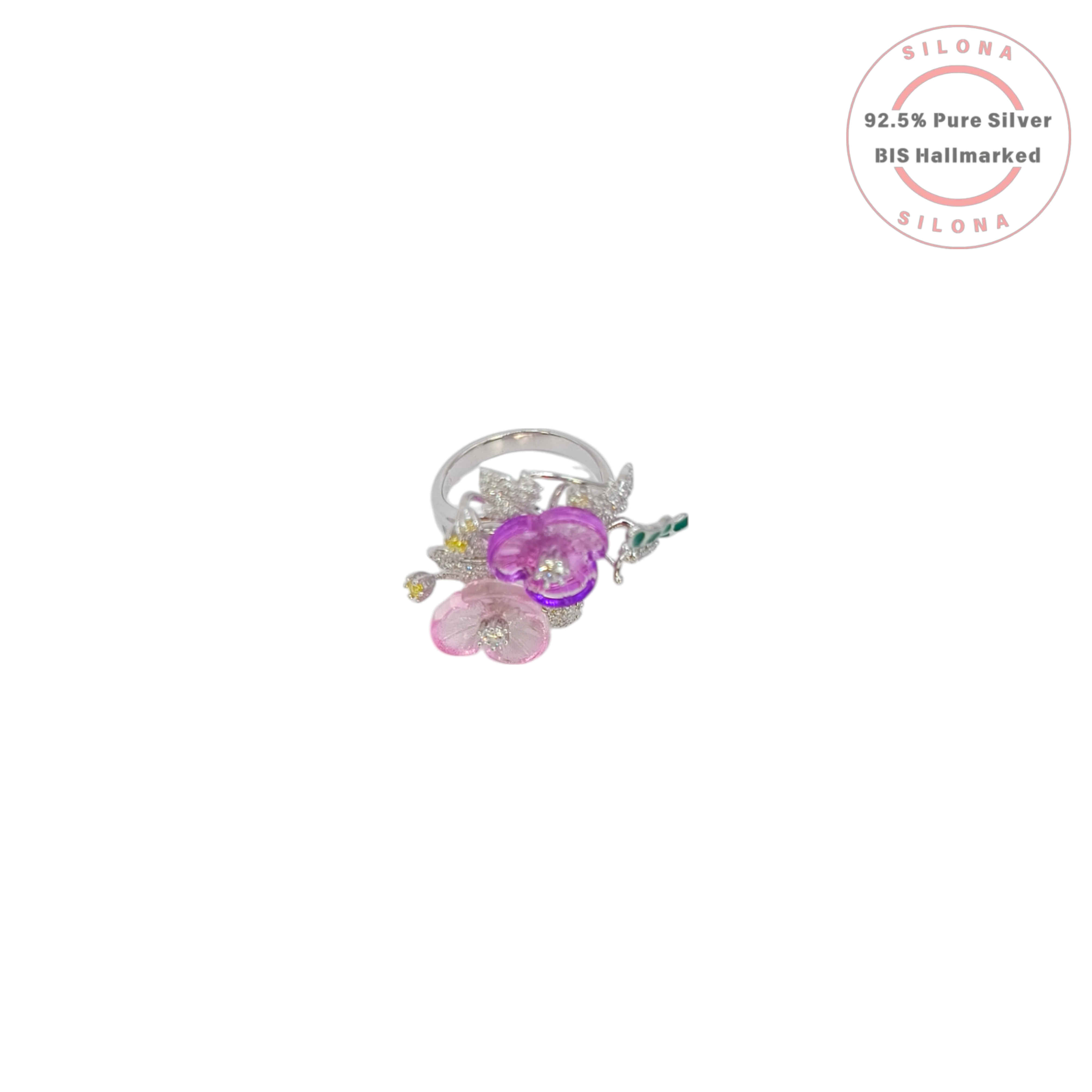 Side profile of a whimsical butterfly statement ring crafted in 92.5 silver, featuring amethyst-hued faceted stones as wings.