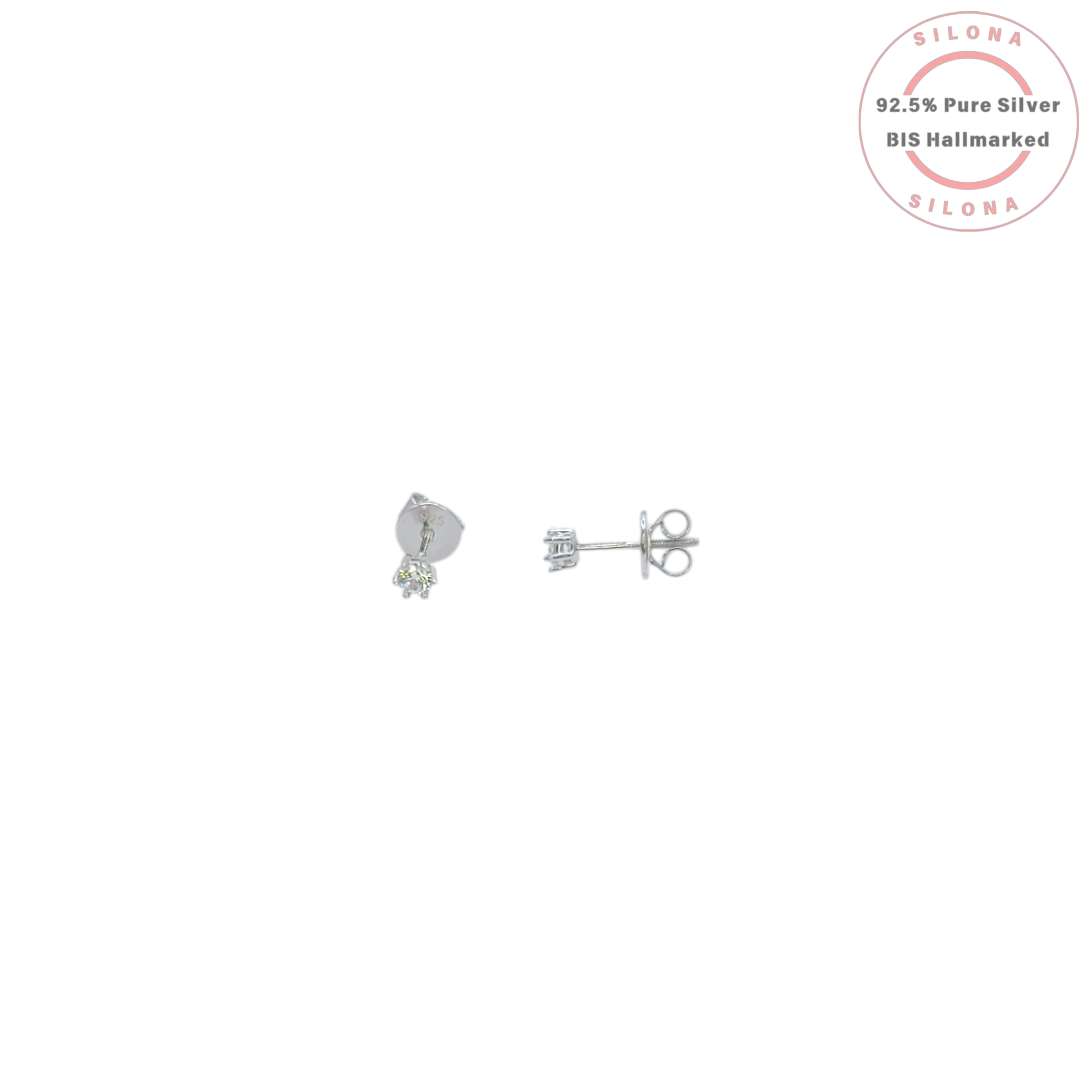 A pair of classic solitaire stud earrings in 92.5 silver with a brilliant-cut cubic zirconia stone, shown with a secure screw-back.