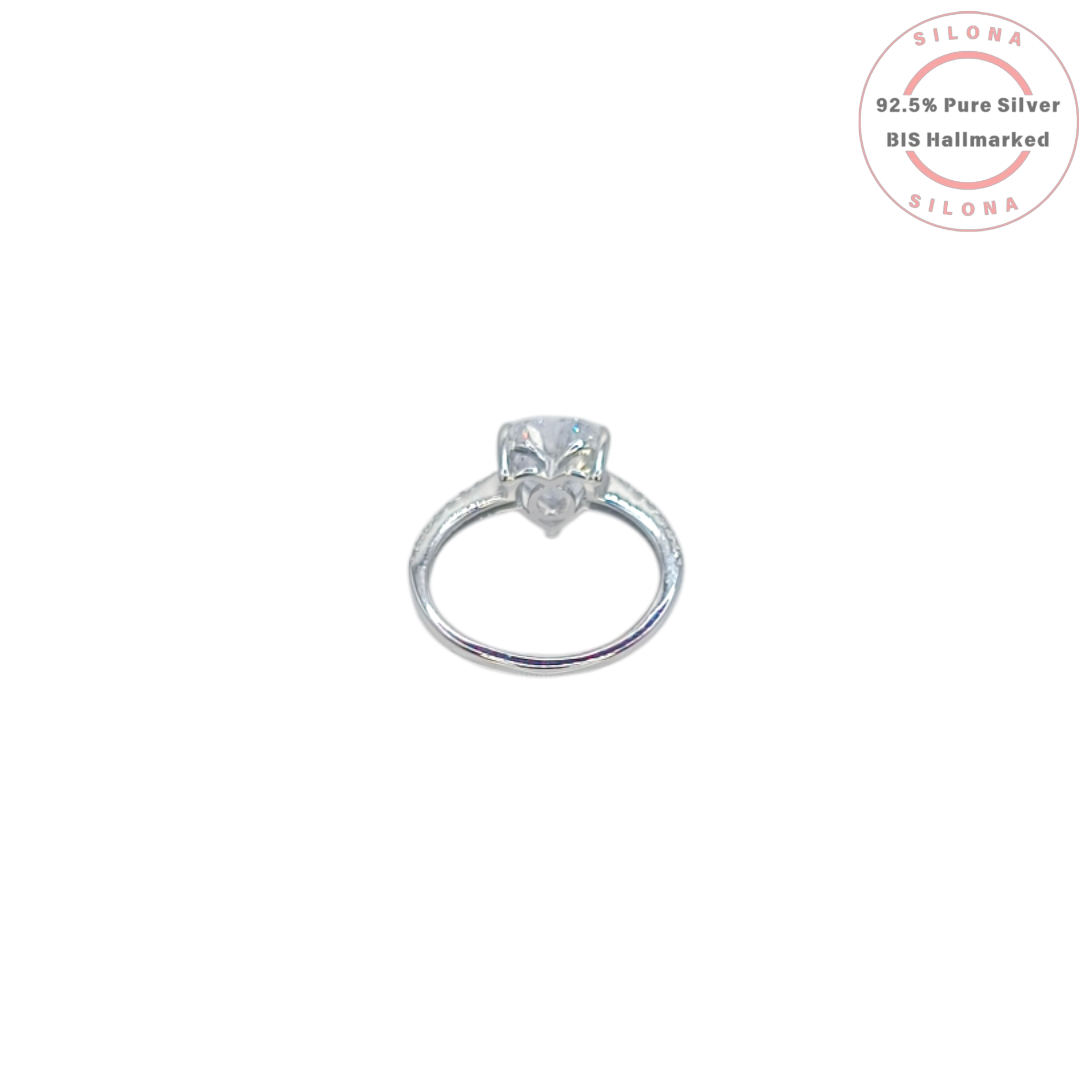 A solitaire heart-cut cubic zirconia ring with a delicate pavé band, crafted in 92.5 sterling silver, photographed on a white background.