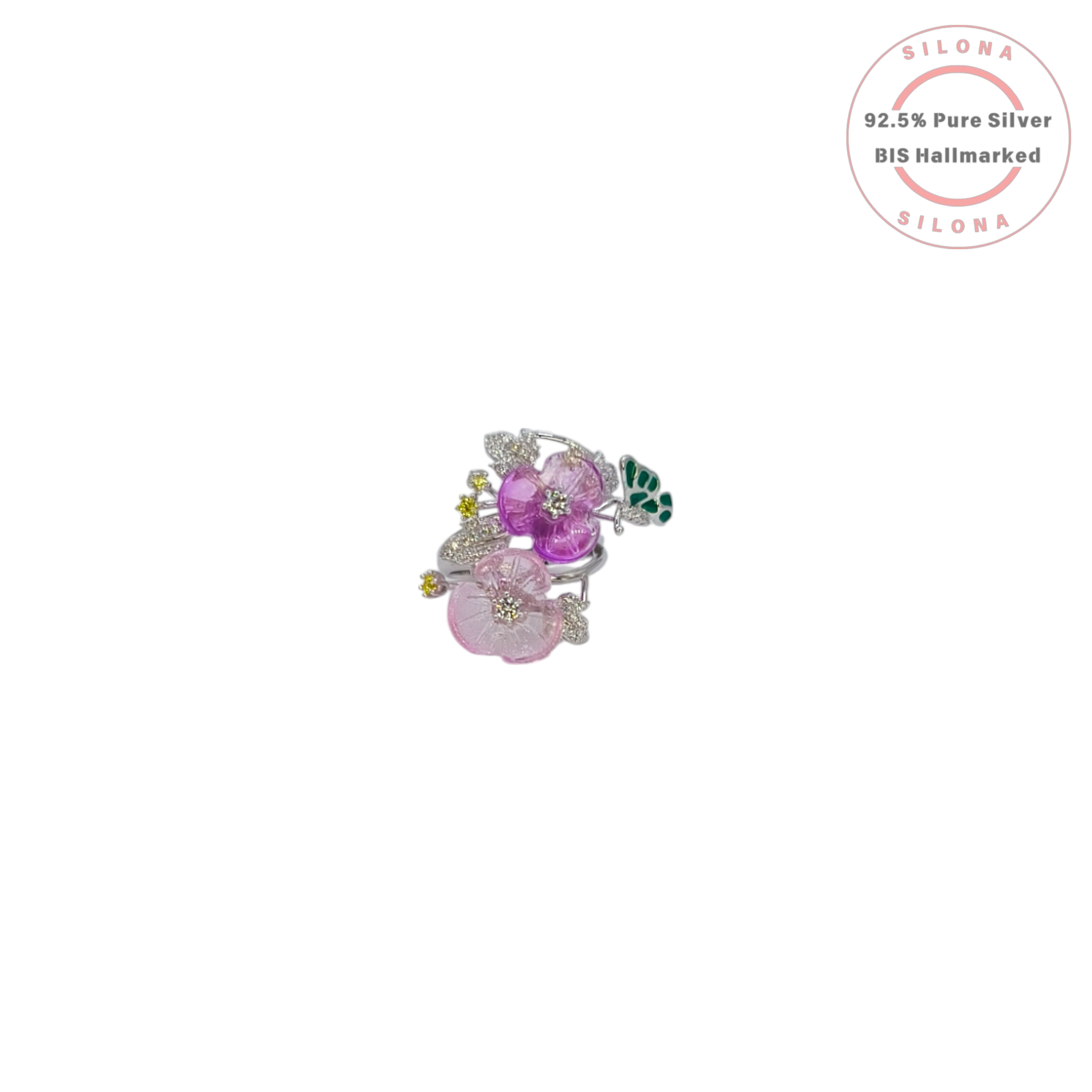 Side profile of a whimsical butterfly statement ring crafted in 92.5 silver, featuring amethyst-hued faceted stones as wings.