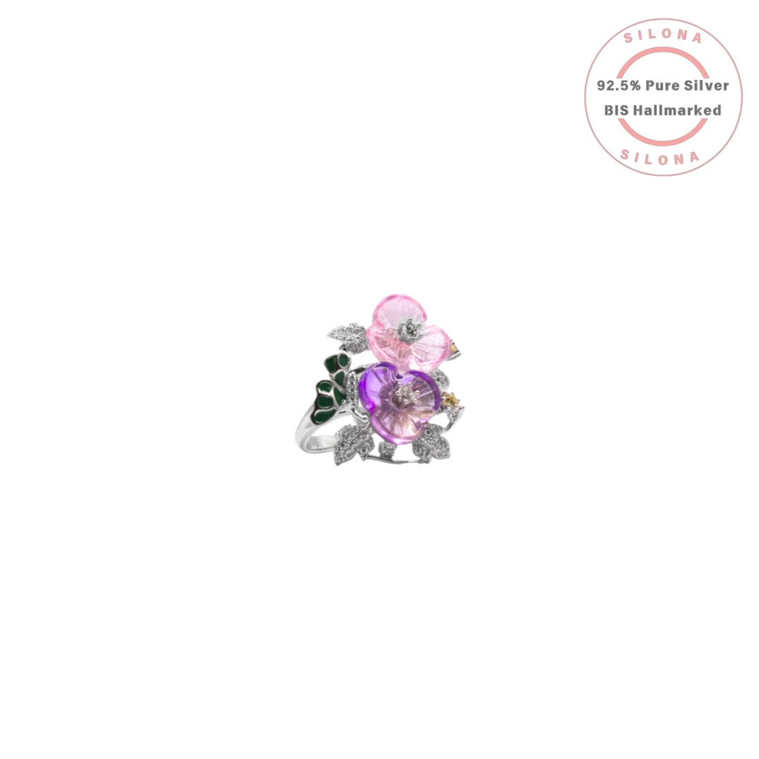 Side profile of a whimsical butterfly statement ring crafted in 92.5 silver, featuring amethyst-hued faceted stones as wings.