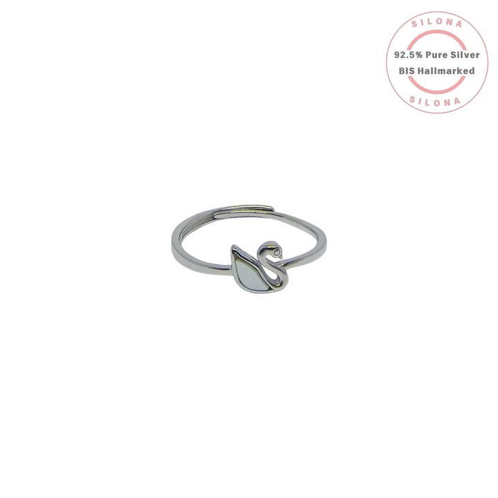 An elegant swan ring with a mother-of-pearl inlay, crafted from polished 92.5 silver, shown on a clean white background.