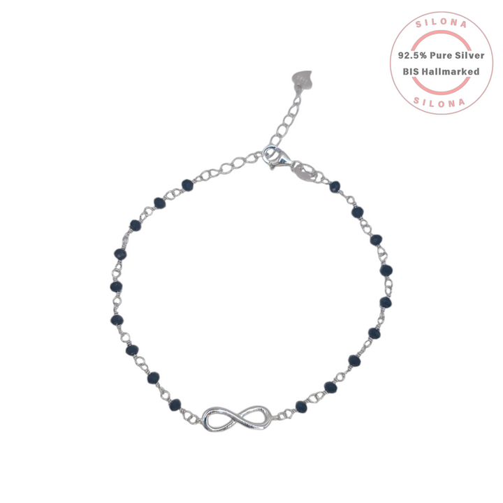 Silona Infinity Mangalsutra Bracelet in 92.5 silver, featuring a central infinity symbol on a chain with small black beads.