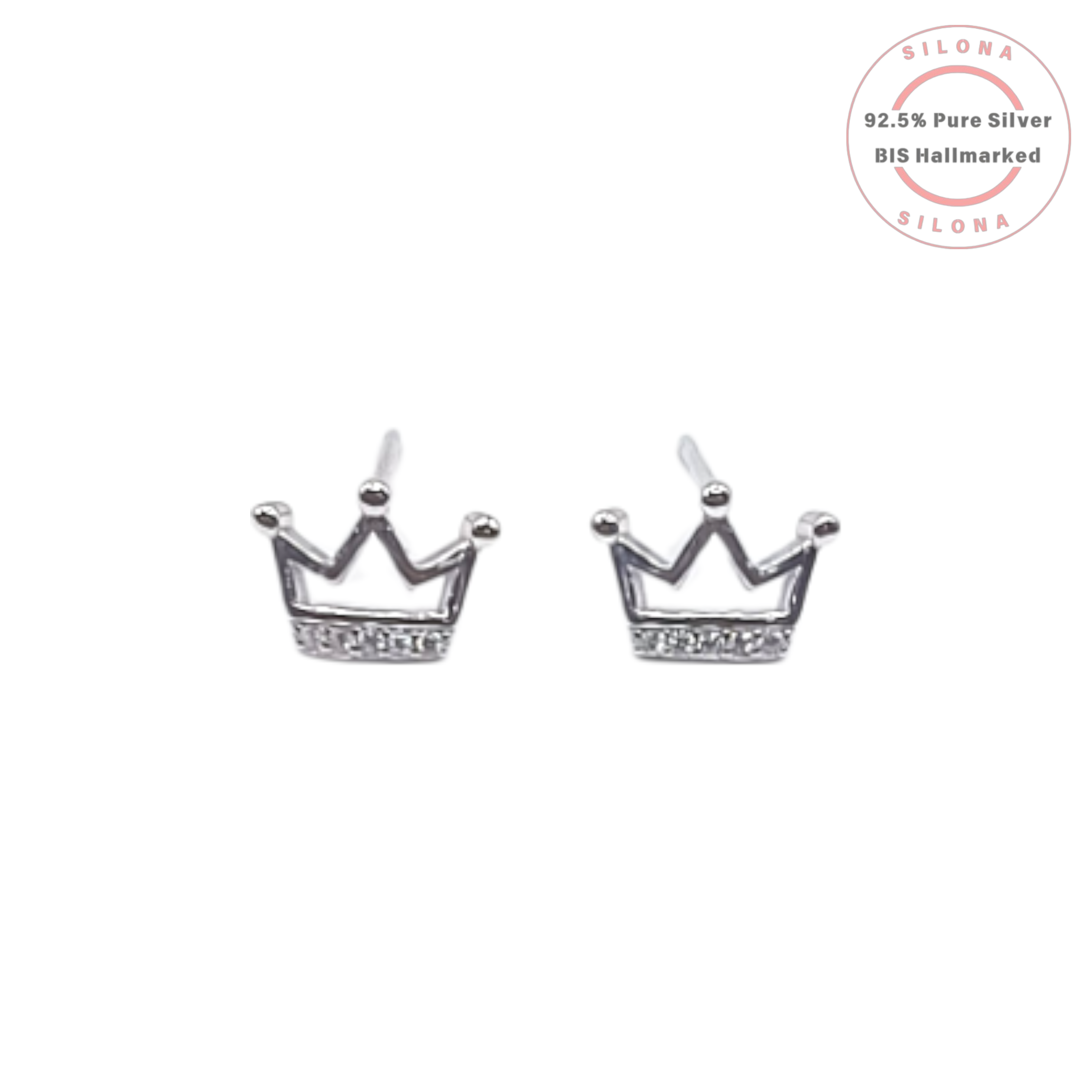 A pair of Silona's sterling silver stud earrings shaped like miniature crowns, with a row of clear cubic zirconia at the base, on a white background.