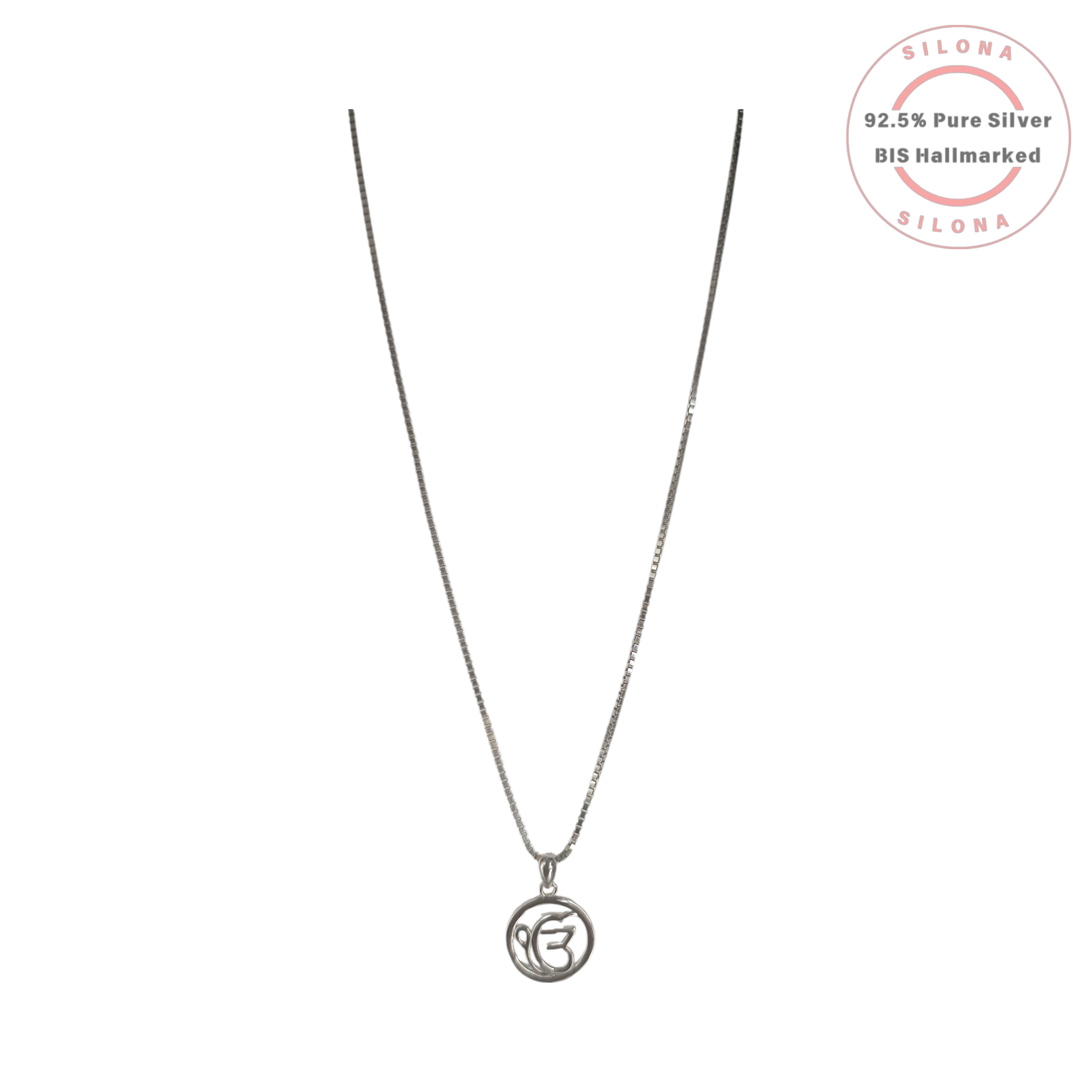 Silona's Sacred Ek Onkar Symbol Necklace in 92.5 pure silver, featuring a delicate box chain against a white background.